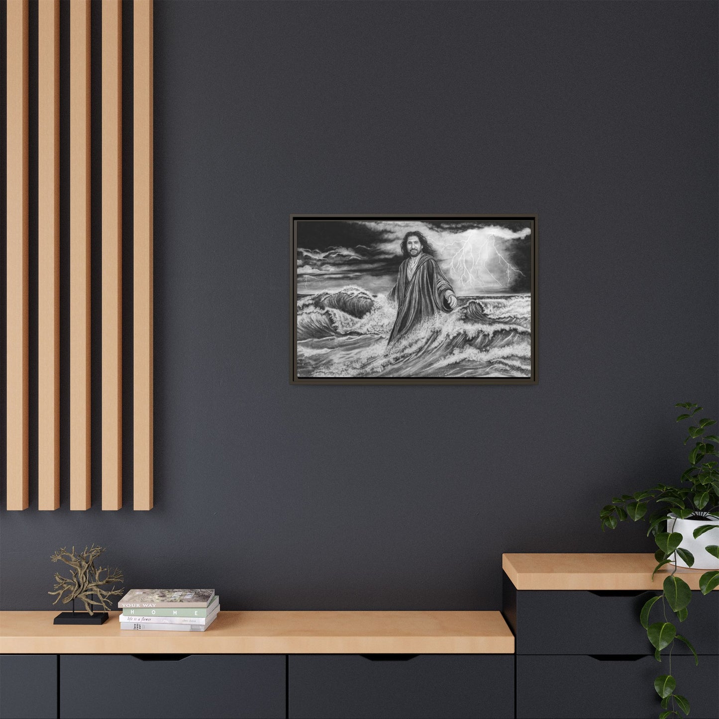 View from the Boat, Jesus Walking on Water Painting Framed Matte Canvas — Religious Wall Art