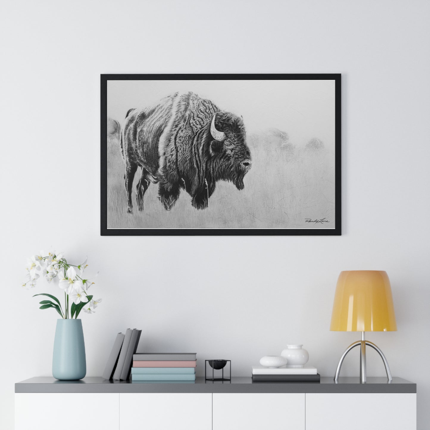 Prairie Bison, Bison Painting Framed Art Print — Black & White Wildlife Poster