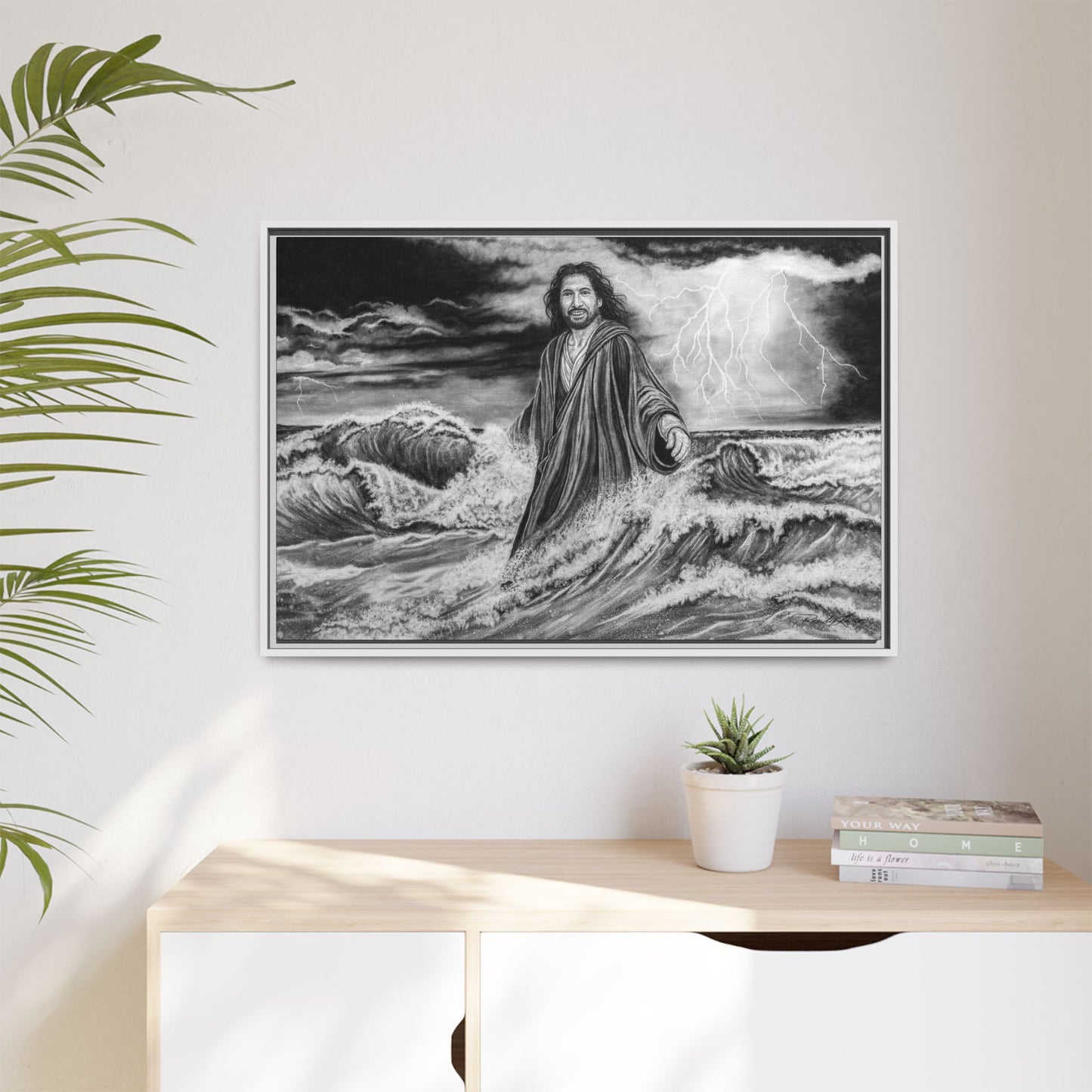 View from the Boat, Jesus Walking on Water Painting Framed Matte Canvas — Religious Wall Art
