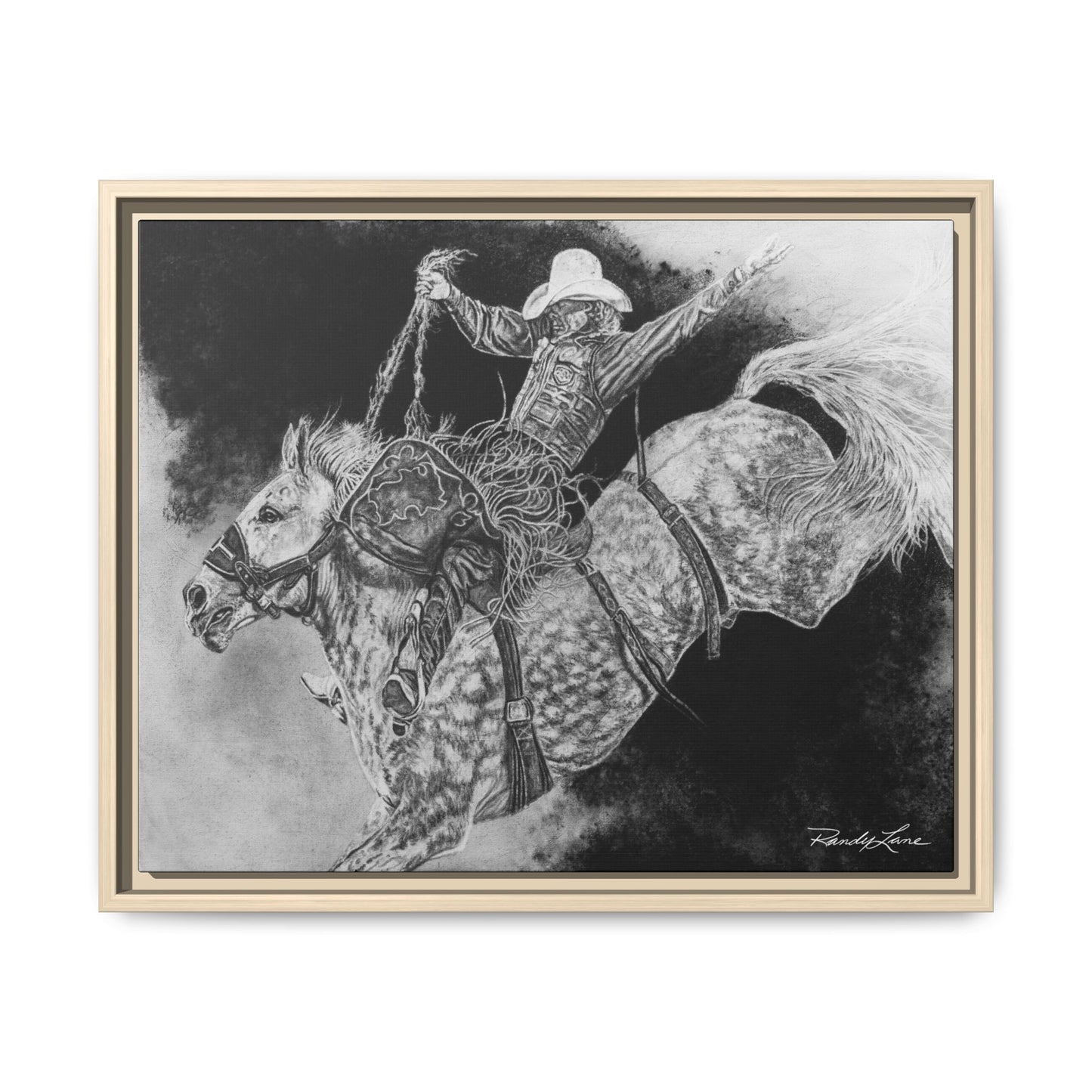 Big Grey, Rodeo Bareback Bronc Painting Framed Matte Canvas Wall Art — Bucking Bronco Cowboy Print