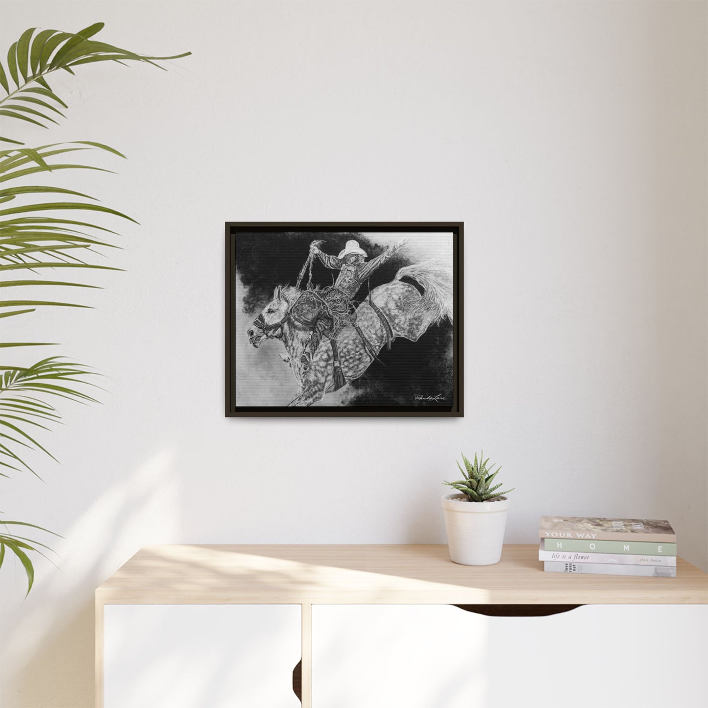 Big Grey, Rodeo Bareback Bronc Painting Framed Matte Canvas Wall Art — Bucking Bronco Cowboy Print