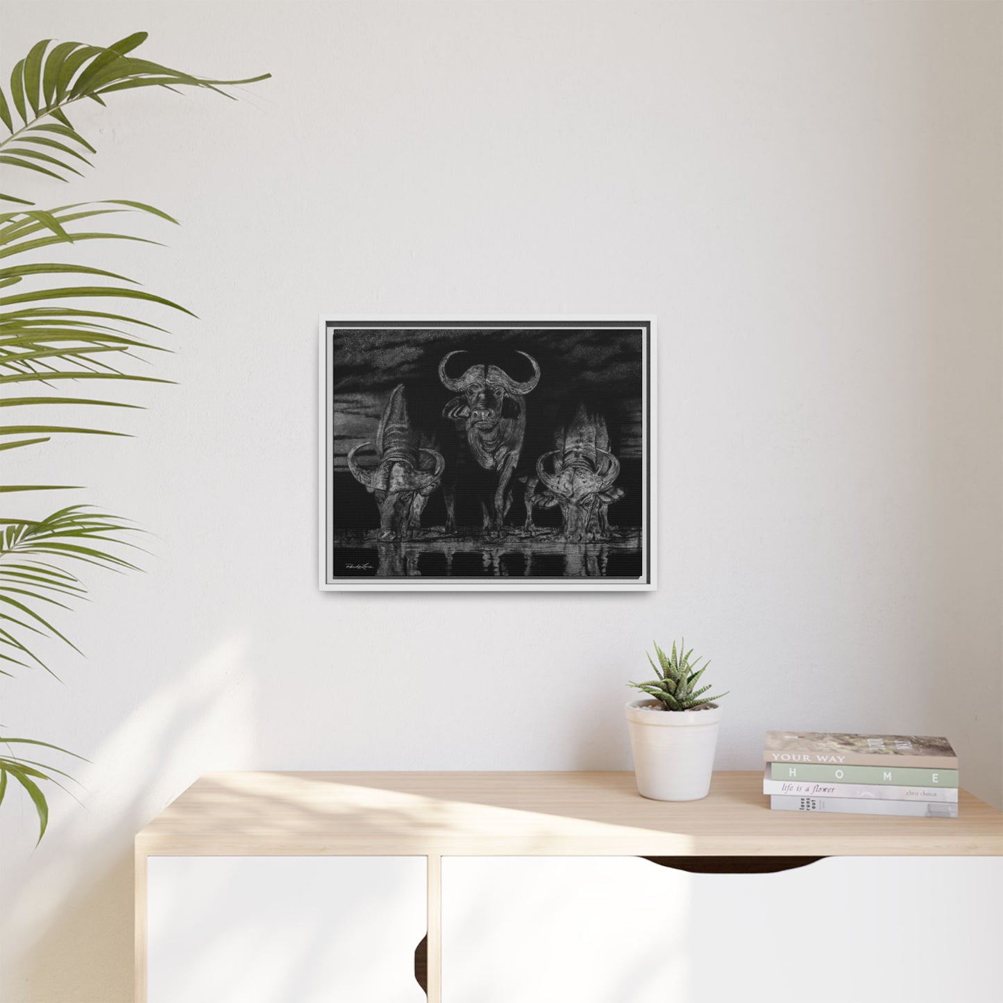 The Waterhole, Cape Buffalo Framed Canvas Wall Art