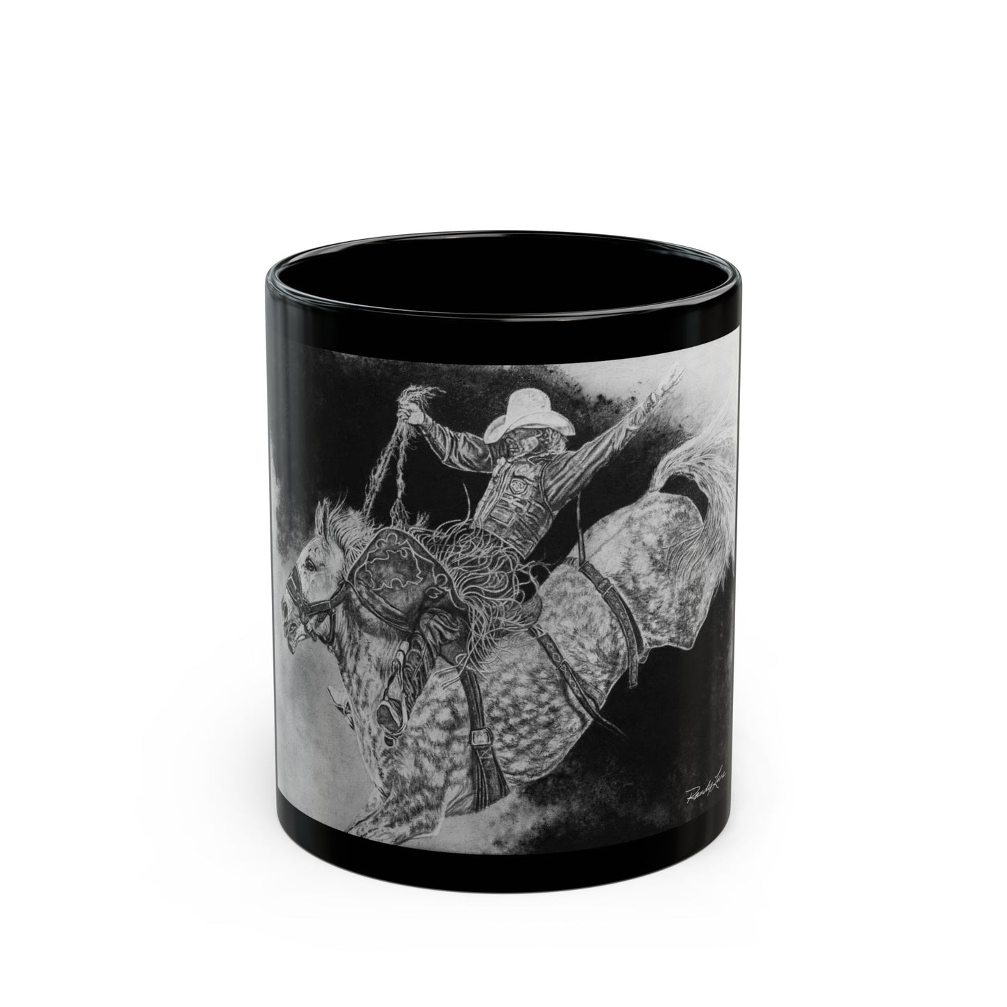 Big Grey, Rodeo Bareback Bronc Painting Black Mug — Western Bucking Bronco Coffee Cup (11oz/15oz)