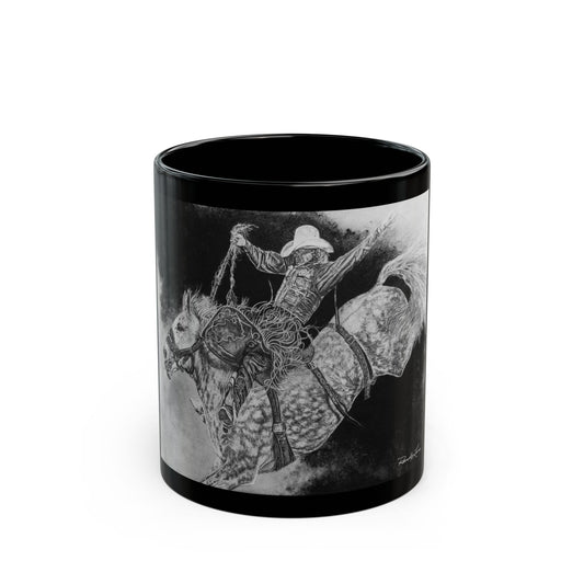 Big Grey, Rodeo Bareback Bronc Painting Black Mug — Western Bucking Bronco Coffee Cup (11oz/15oz)