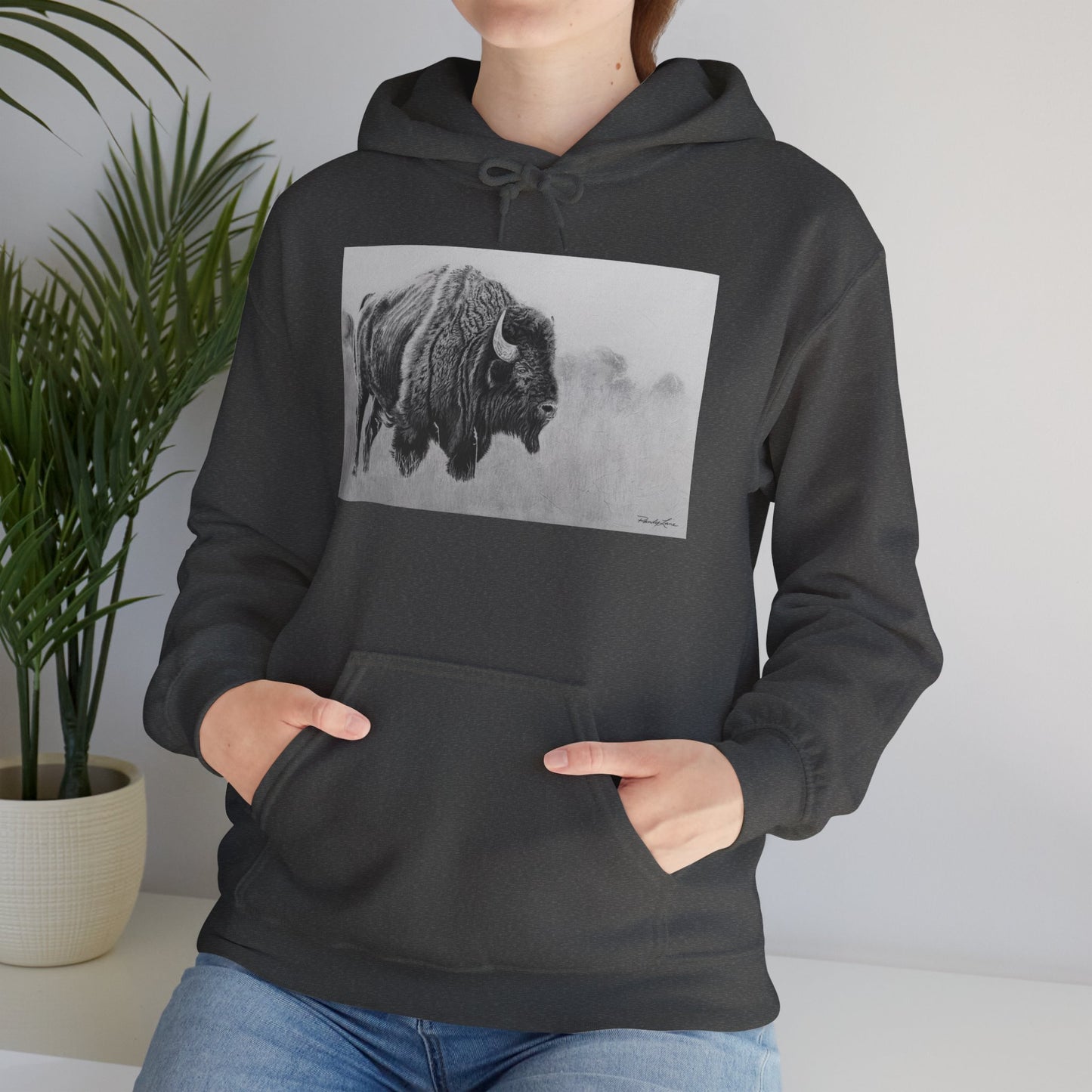 Prairie Bison, Bison Painting Hoodie — Black & White Rustic Buffalo Image Sweatshirt