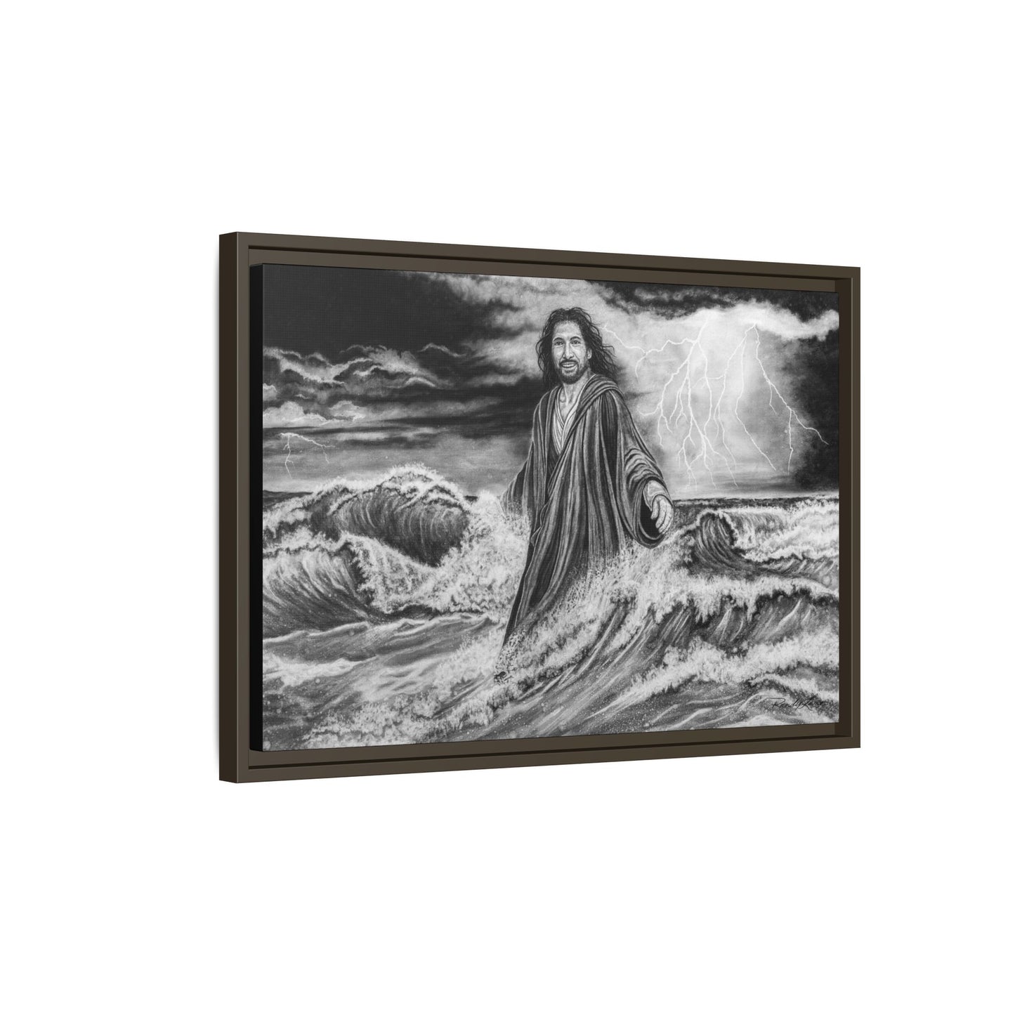 View from the Boat, Jesus Walking on Water Painting Framed Matte Canvas — Religious Wall Art