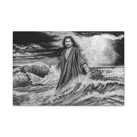 View from the Boat, Jesus Walking on Water Painting, Matte Stretched Canvas Wall Art