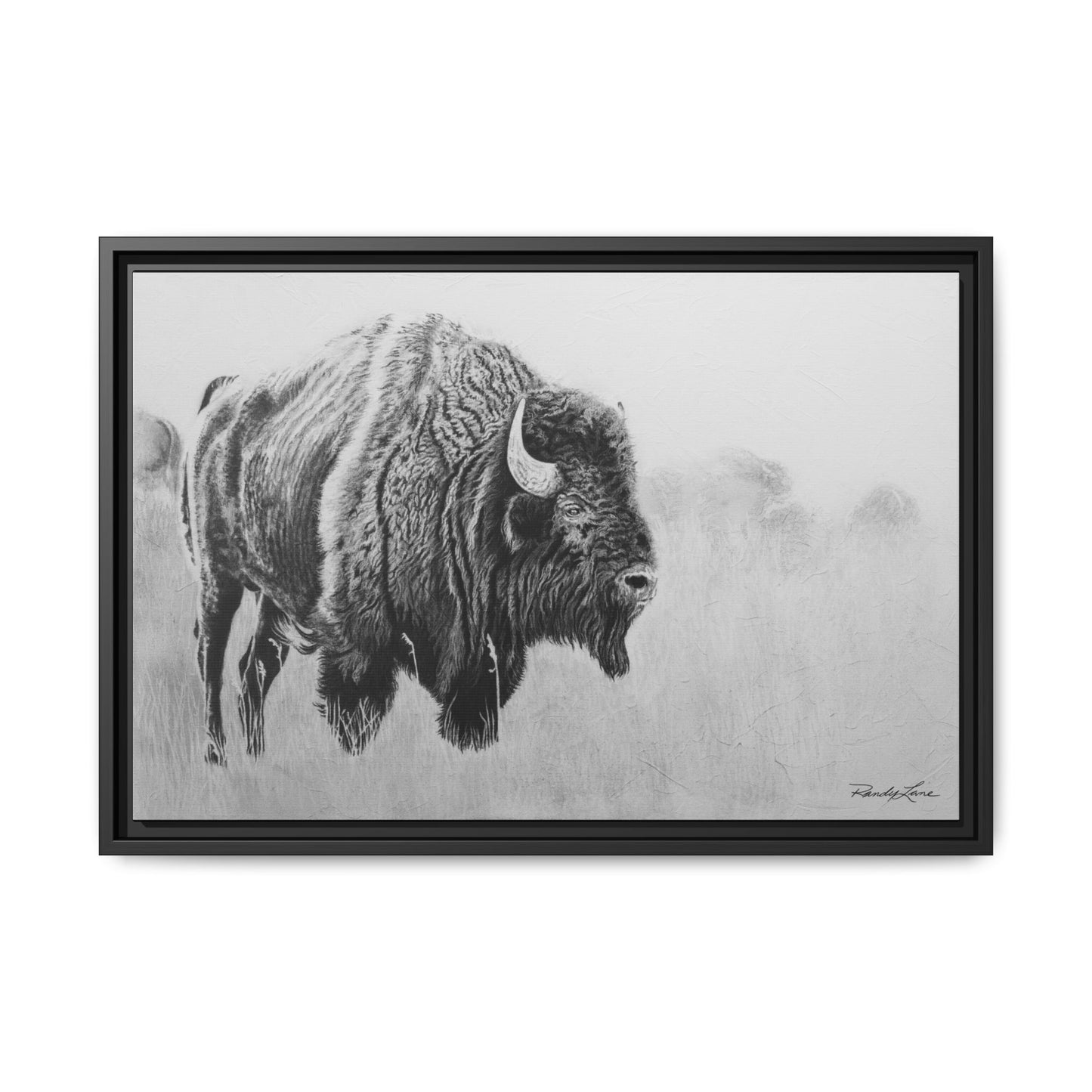 Prairie Bison, Bison Painting Framed Matte Canvas Print — Black & White Wildlife Wall Art