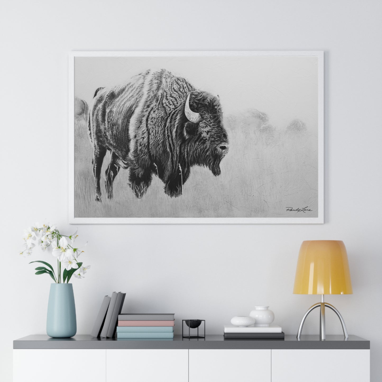 Prairie Bison, Bison Painting Framed Art Print — Black & White Wildlife Poster