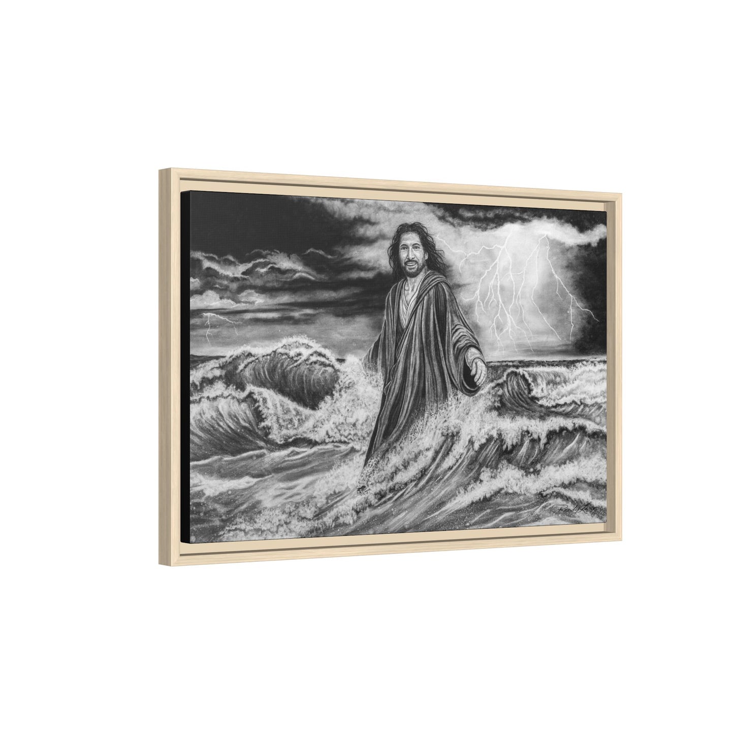 View from the Boat, Jesus Walking on Water Painting Framed Matte Canvas — Religious Wall Art