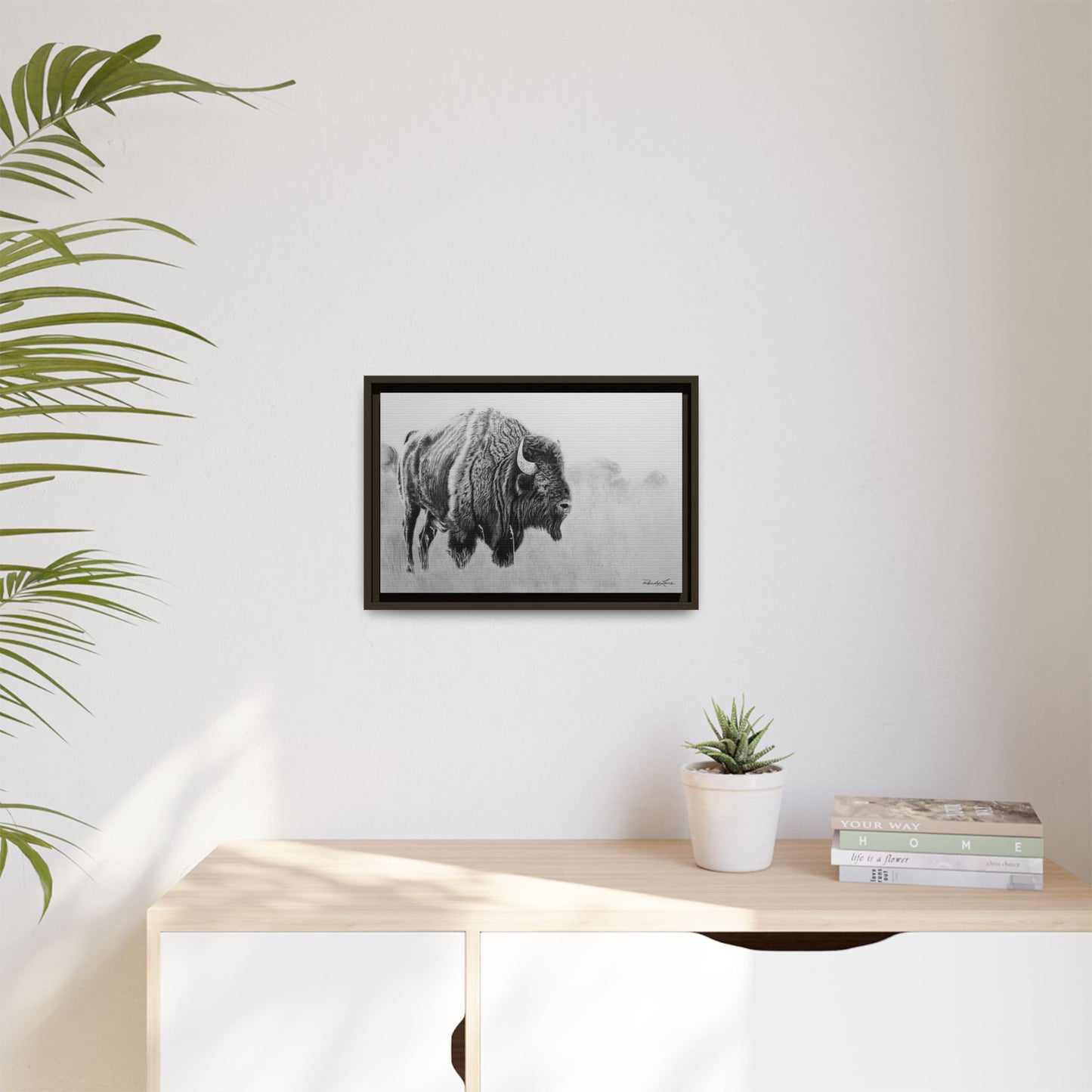 Prairie Bison, Bison Painting Framed Matte Canvas Print — Black & White Wildlife Wall Art