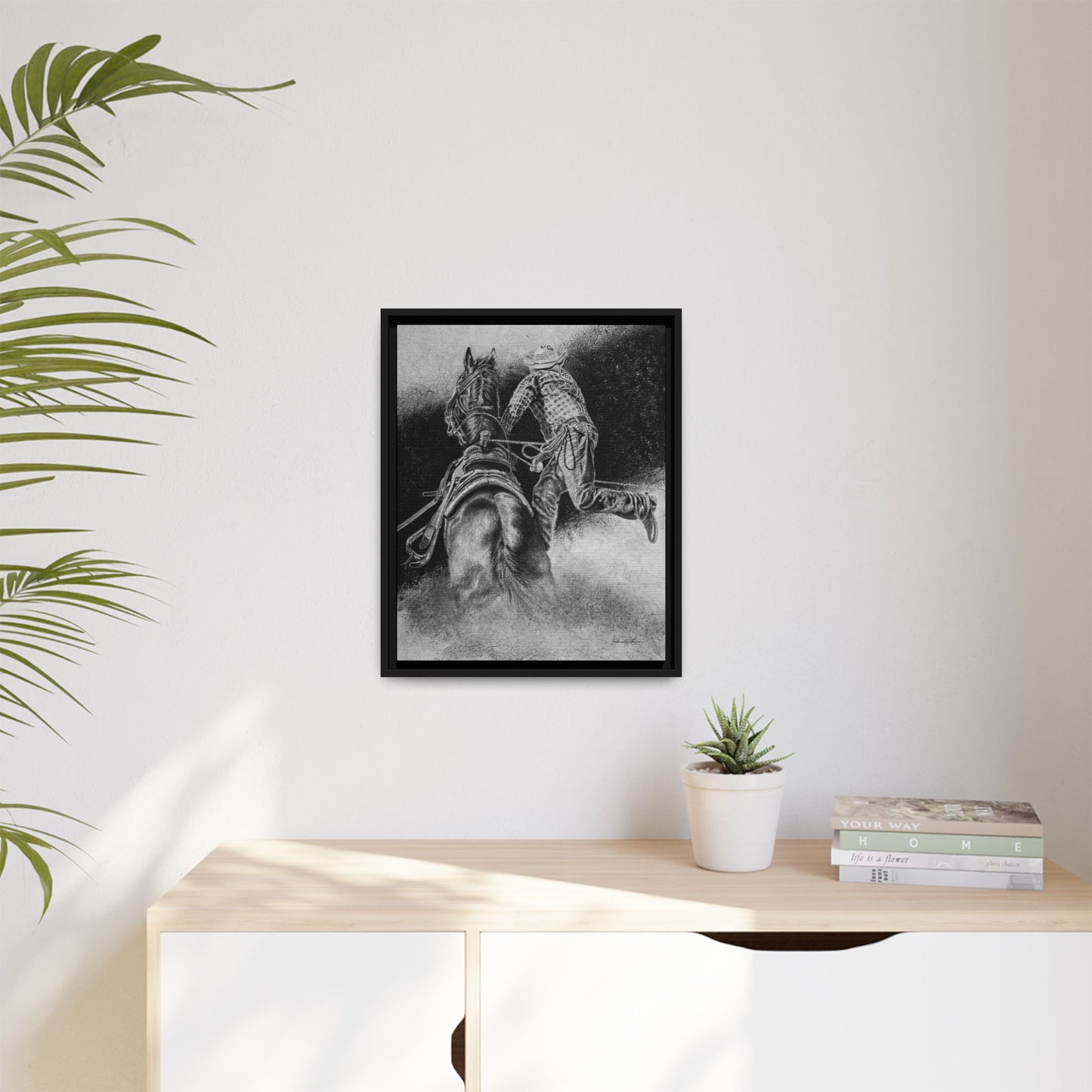 The Dismount. Steer Roper Framed Stretched Canvas Art
