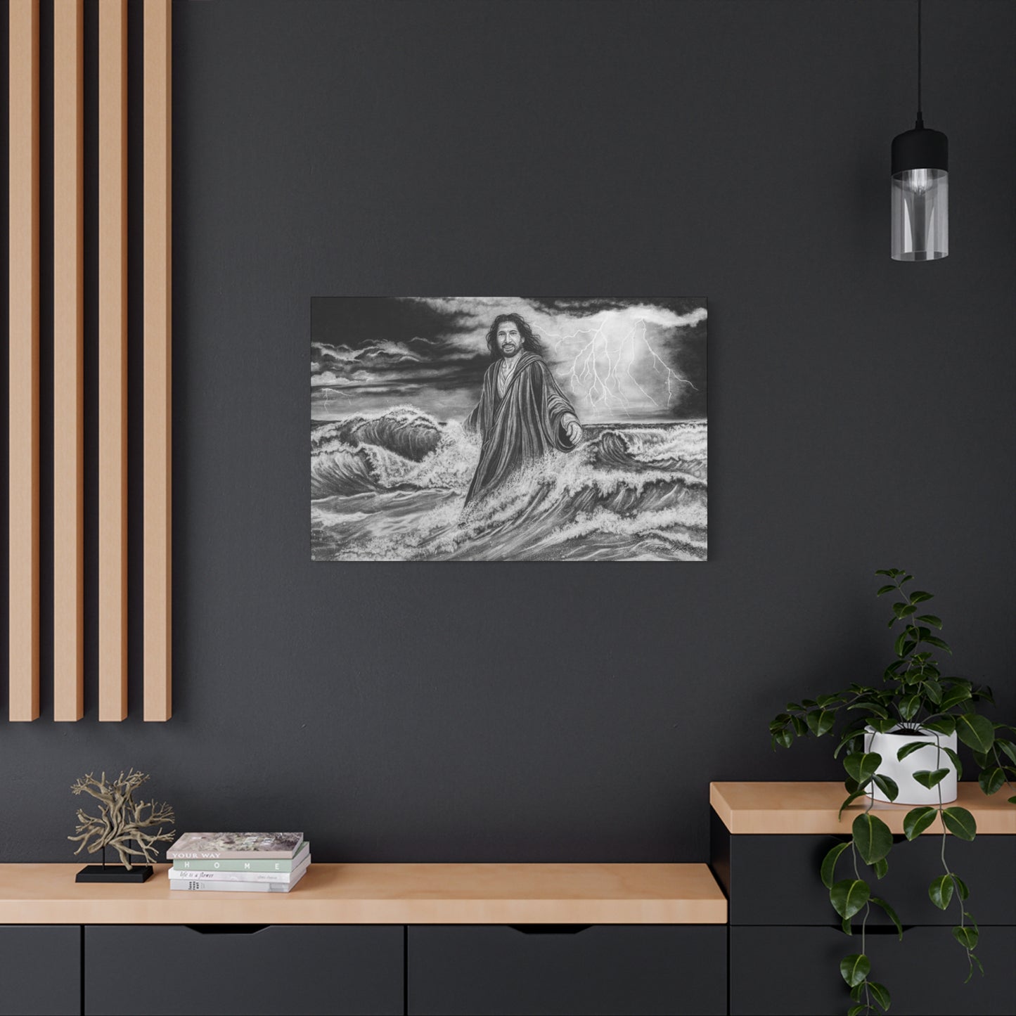 View from the Boat, Jesus Walking on Water Painting, Matte Stretched Canvas Wall Art