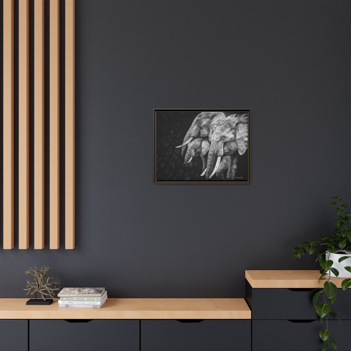 Brushland Bond. Elephant Art Framed Stretched Matte Canvas Print