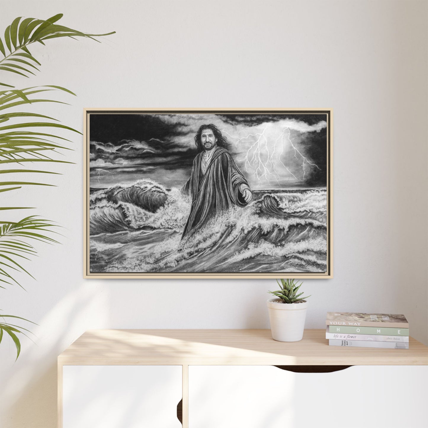 View from the Boat, Jesus Walking on Water Painting Framed Matte Canvas — Religious Wall Art