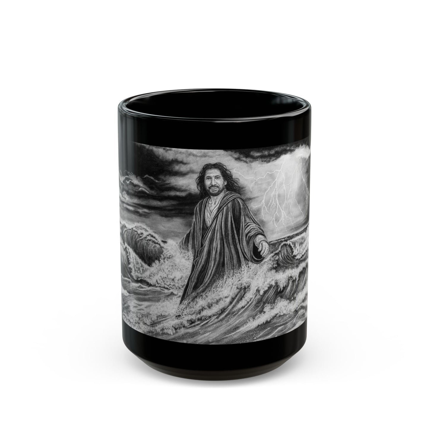 View from the Boat, Jesus Walking on Water Painting Black Ceramic Mug — 11oz & 15oz Inspirational Coffee Cup
