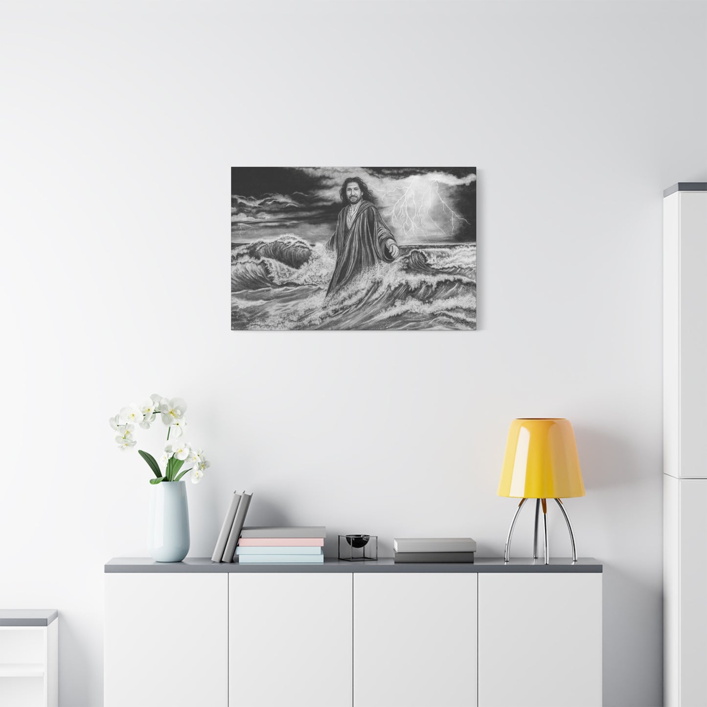 View from the Boat, Jesus Walking on Water Painting, Matte Stretched Canvas Wall Art