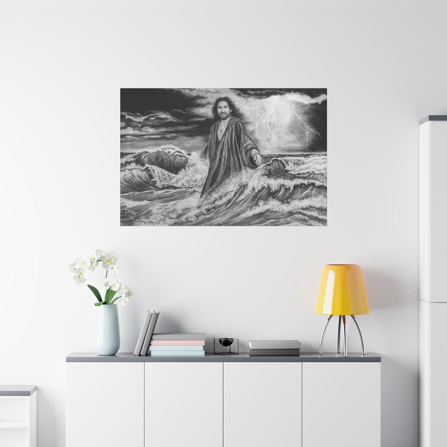 View from the Boat, Jesus Walking on Water Painting, Matte Stretched Canvas Wall Art