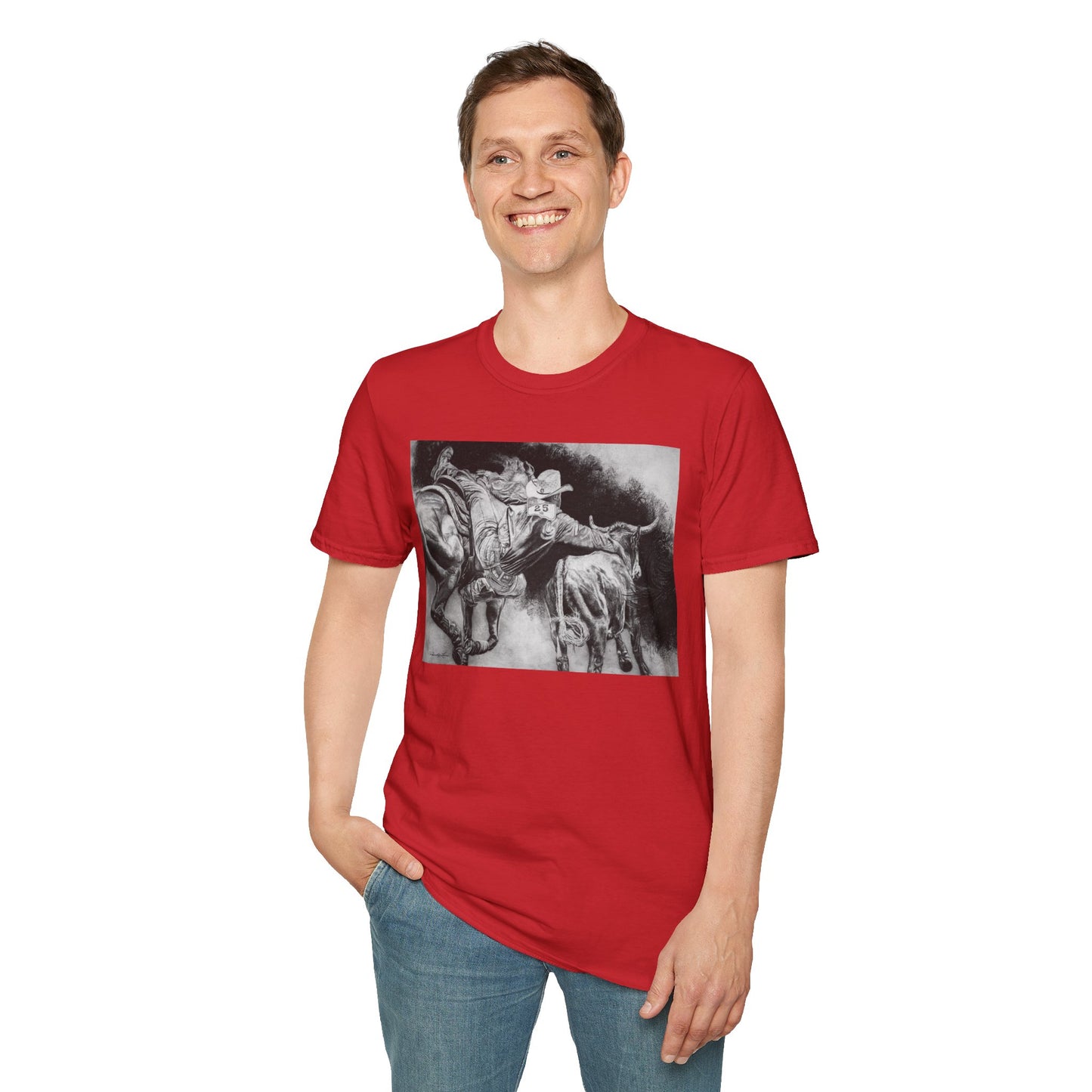 Contact. Cowboy Bulldogger Rodeo Art Unisex Softstyle T-Shirt