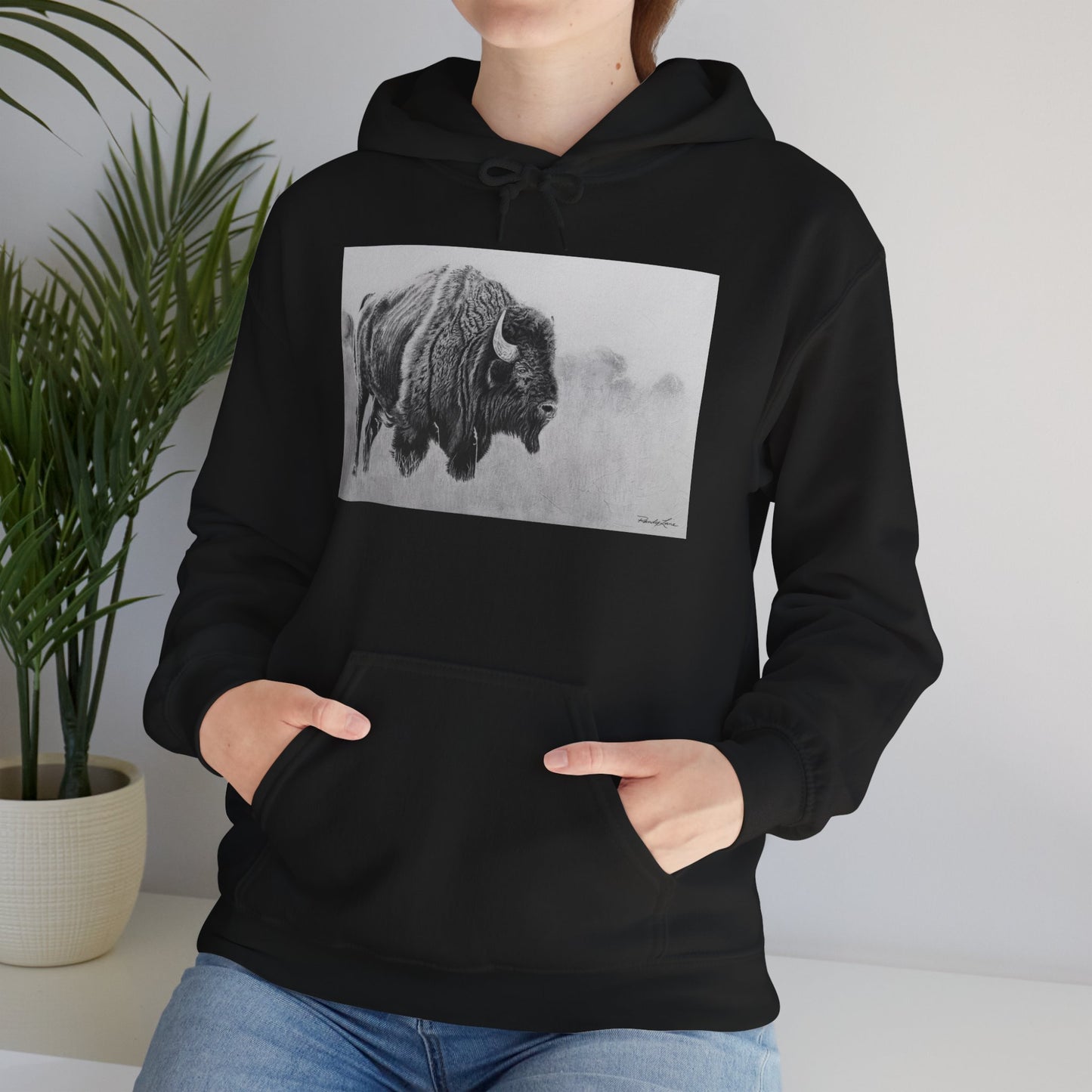 Prairie Bison, Bison Painting Hoodie — Black & White Rustic Buffalo Image Sweatshirt