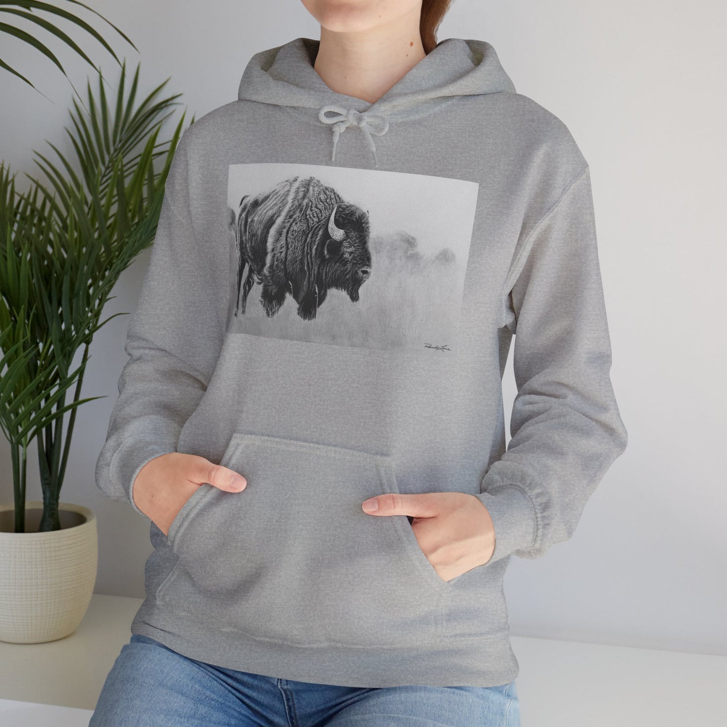 Prairie Bison, Bison Painting Hoodie — Black & White Rustic Buffalo Image Sweatshirt