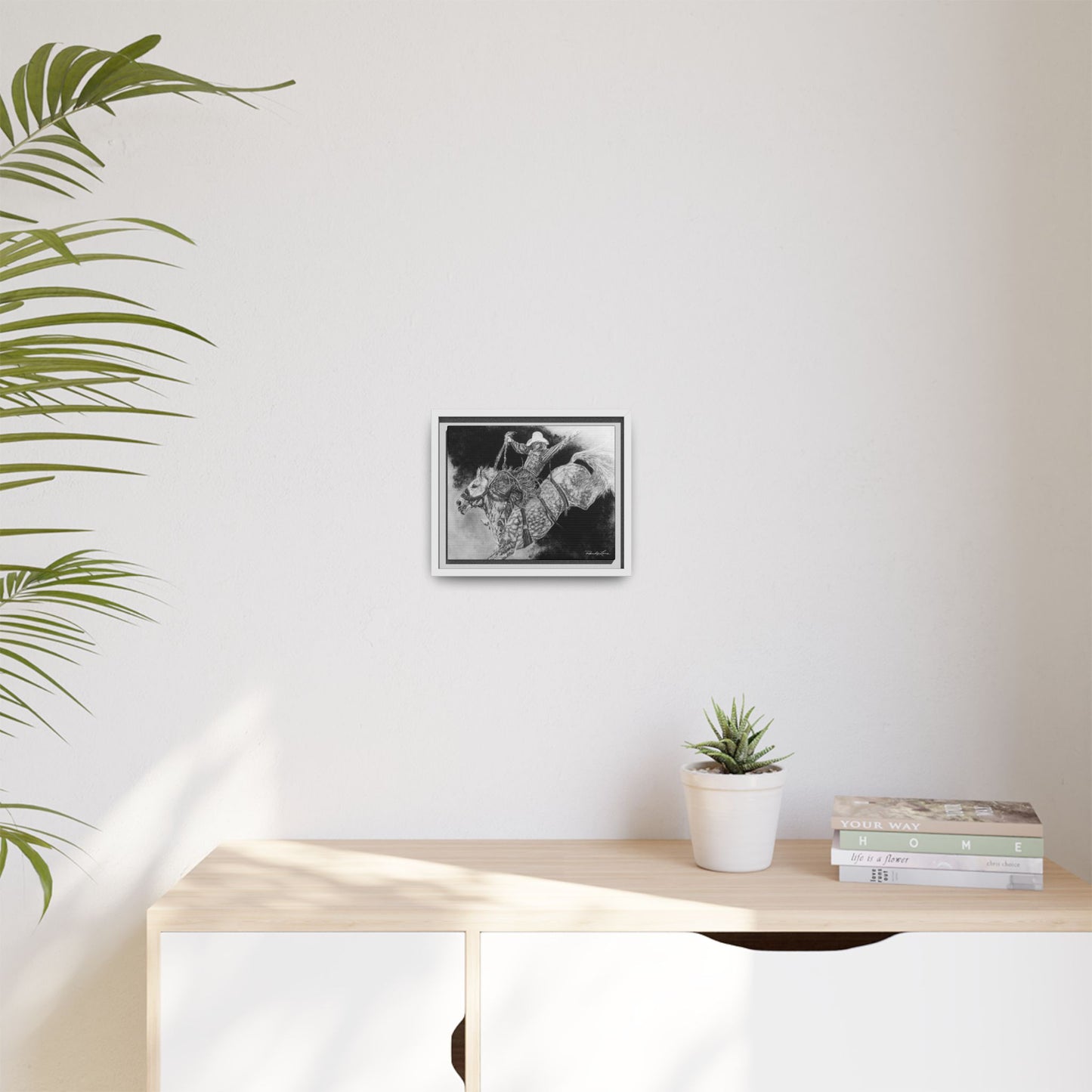 Big Grey, Rodeo Bareback Bronc Painting Framed Matte Canvas Wall Art — Bucking Bronco Cowboy Print