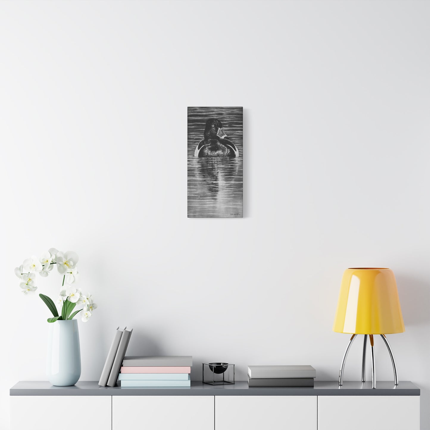 Reflection, Ring necked Duck Painting, Stretched Matte Canvas