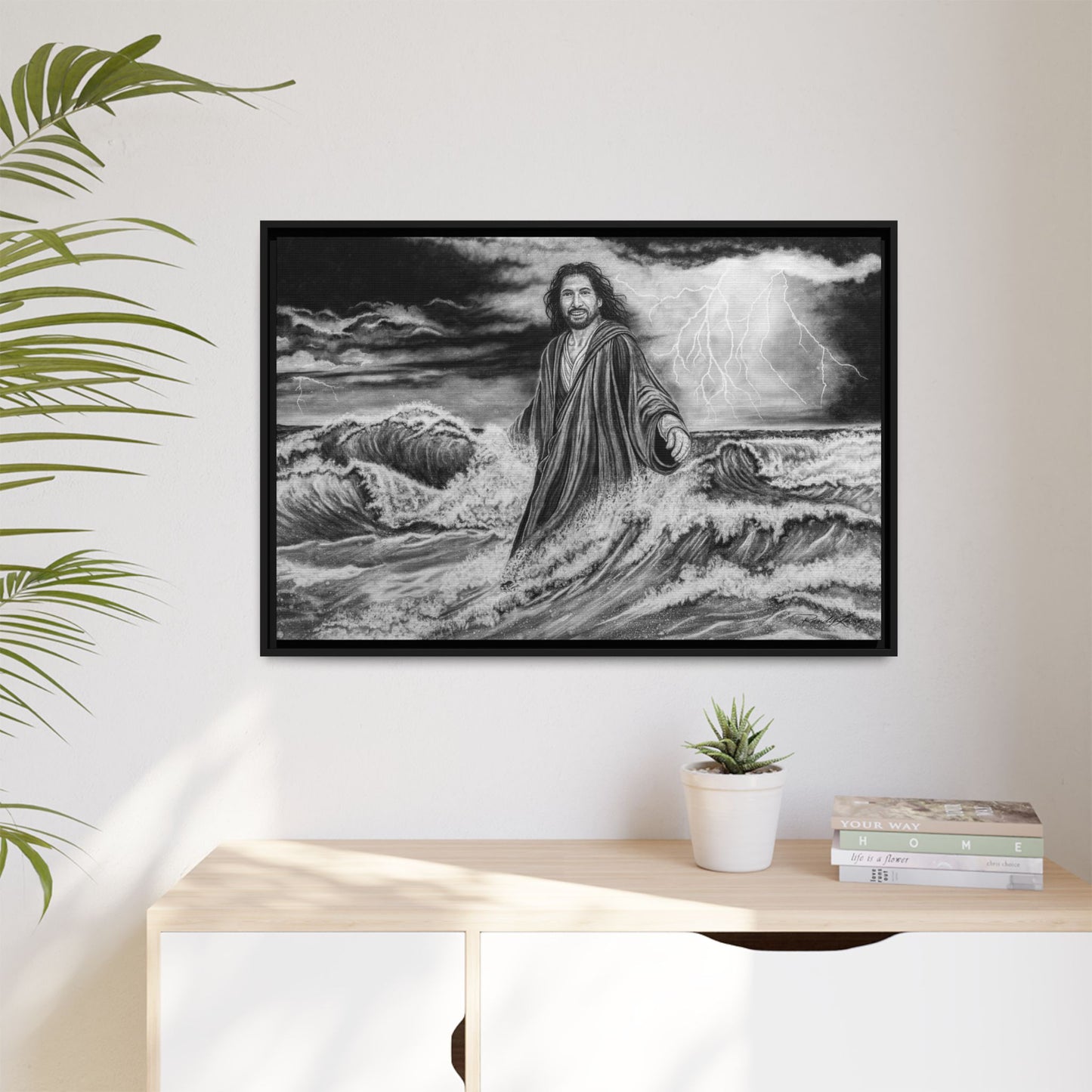 View from the Boat, Jesus Walking on Water Painting Framed Matte Canvas — Religious Wall Art