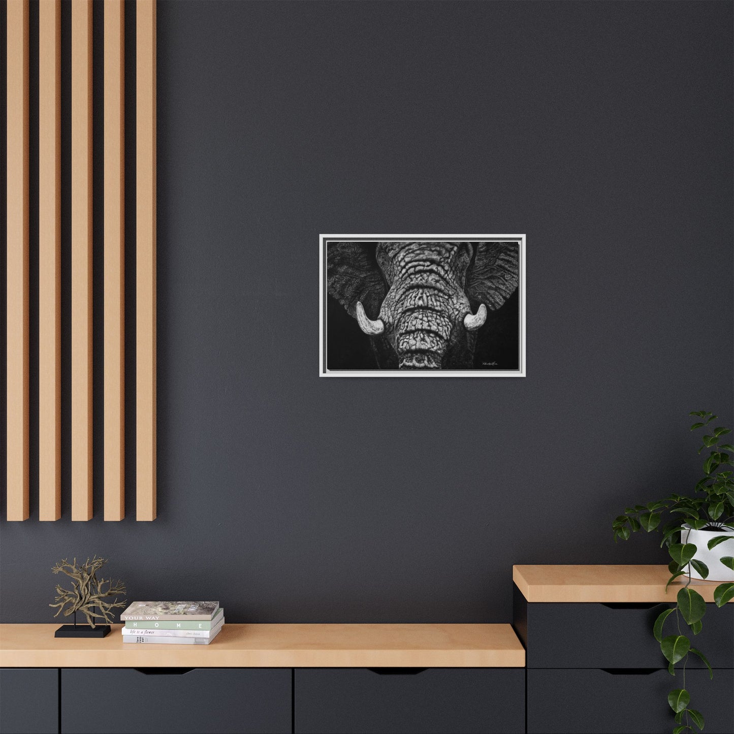 Ebony and Ivory, Elephant Portrait Framed Canvas Wall Art