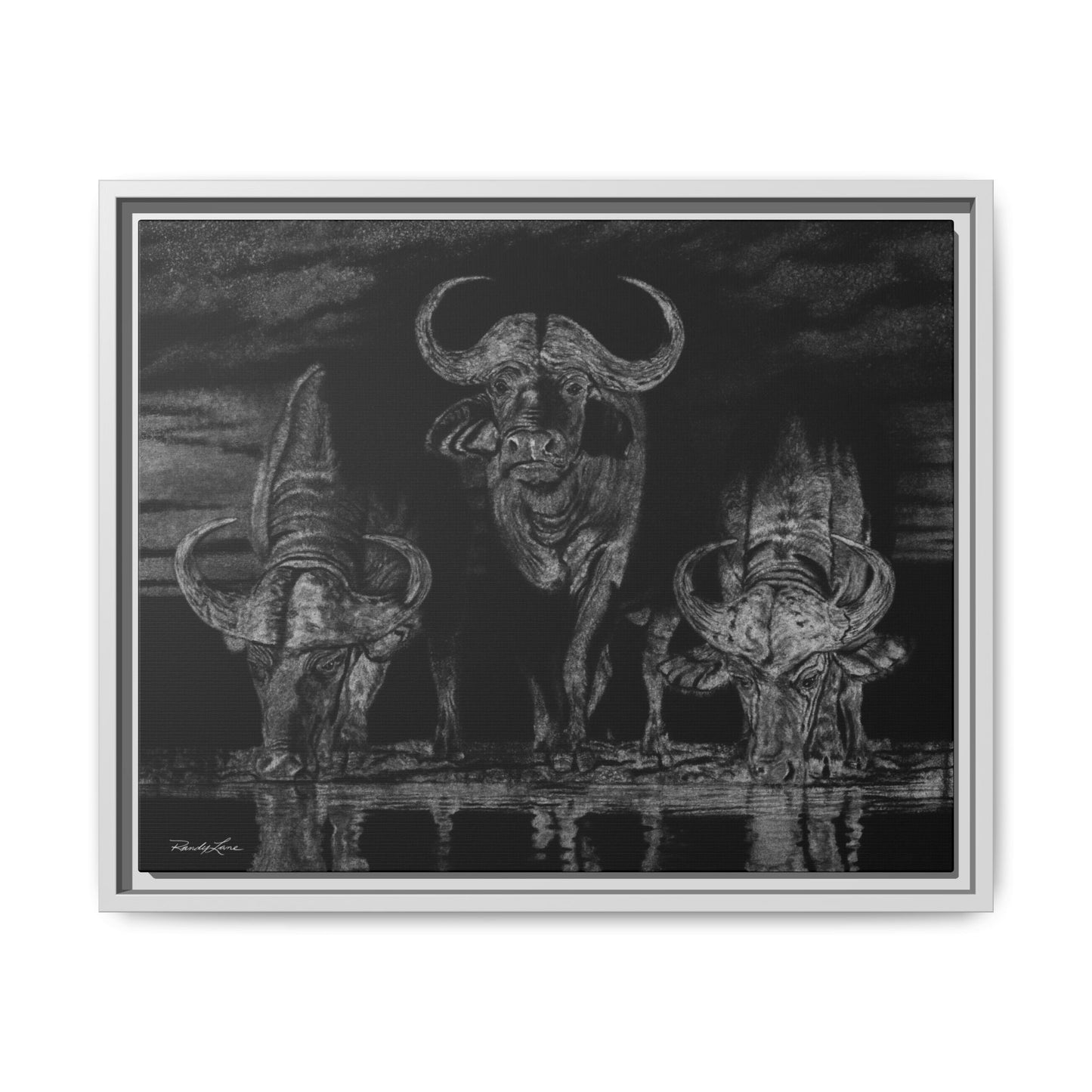 The Waterhole, Cape Buffalo Framed Canvas Wall Art