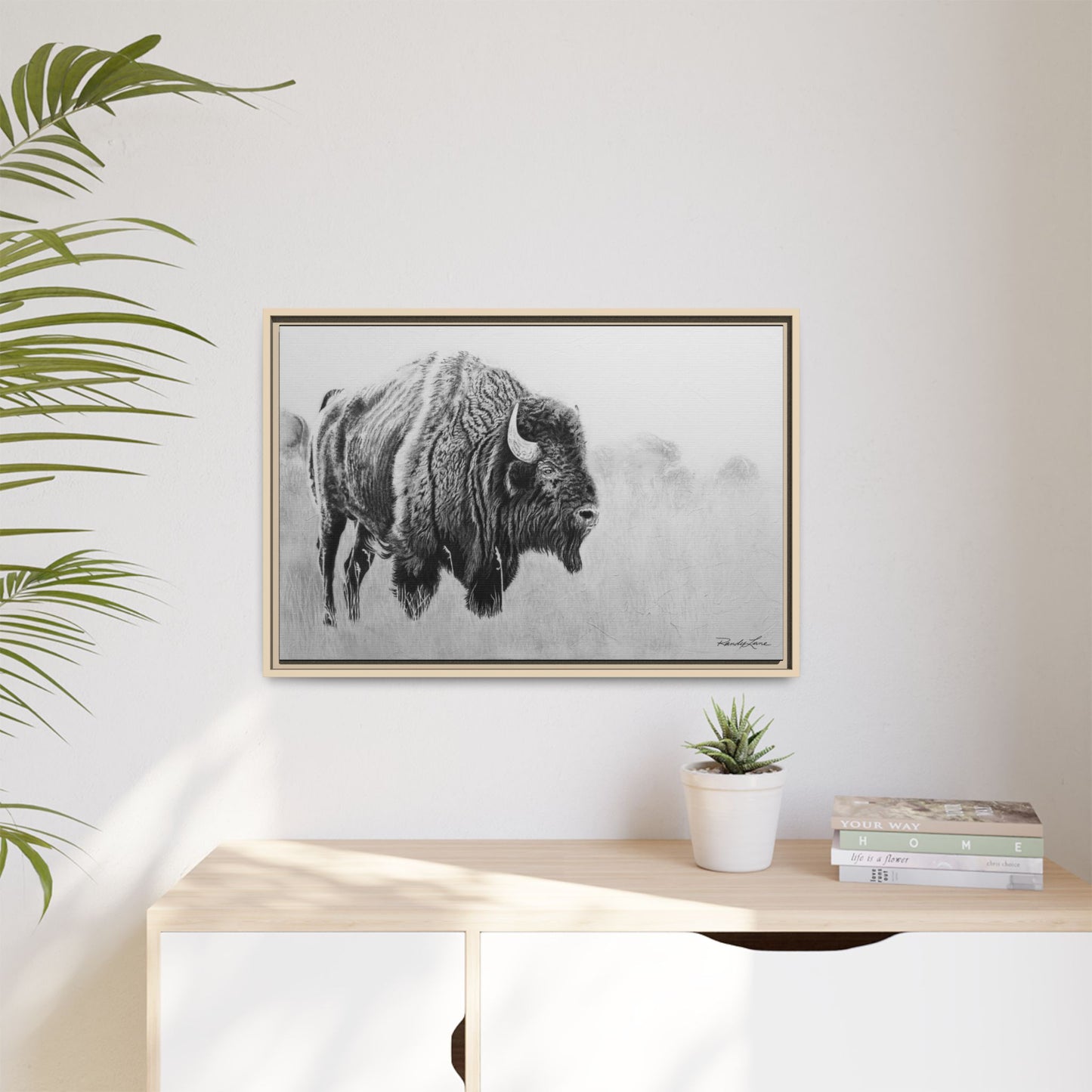 Prairie Bison, Bison Painting Framed Matte Canvas Print — Black & White Wildlife Wall Art