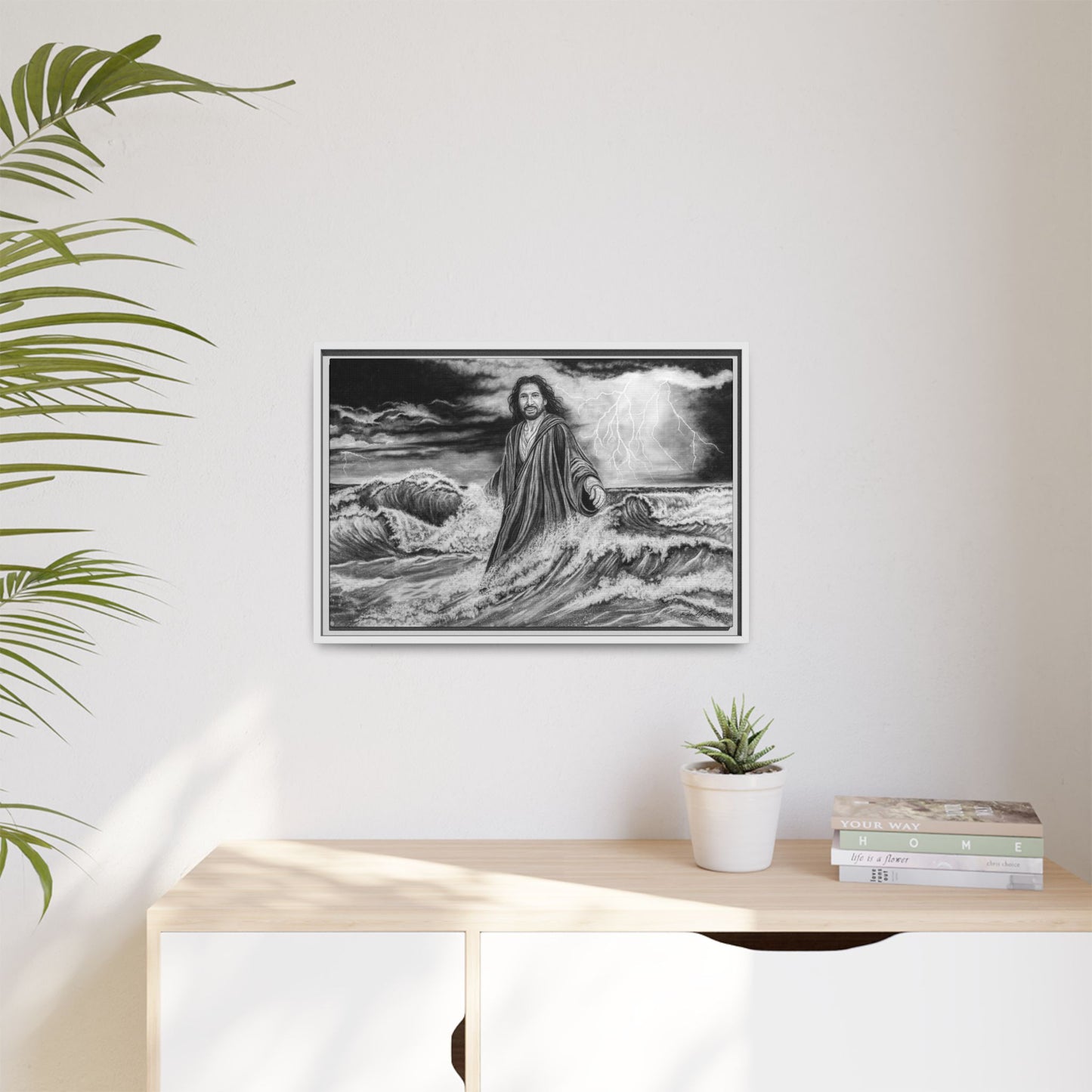 View from the Boat, Jesus Walking on Water Painting Framed Matte Canvas — Religious Wall Art