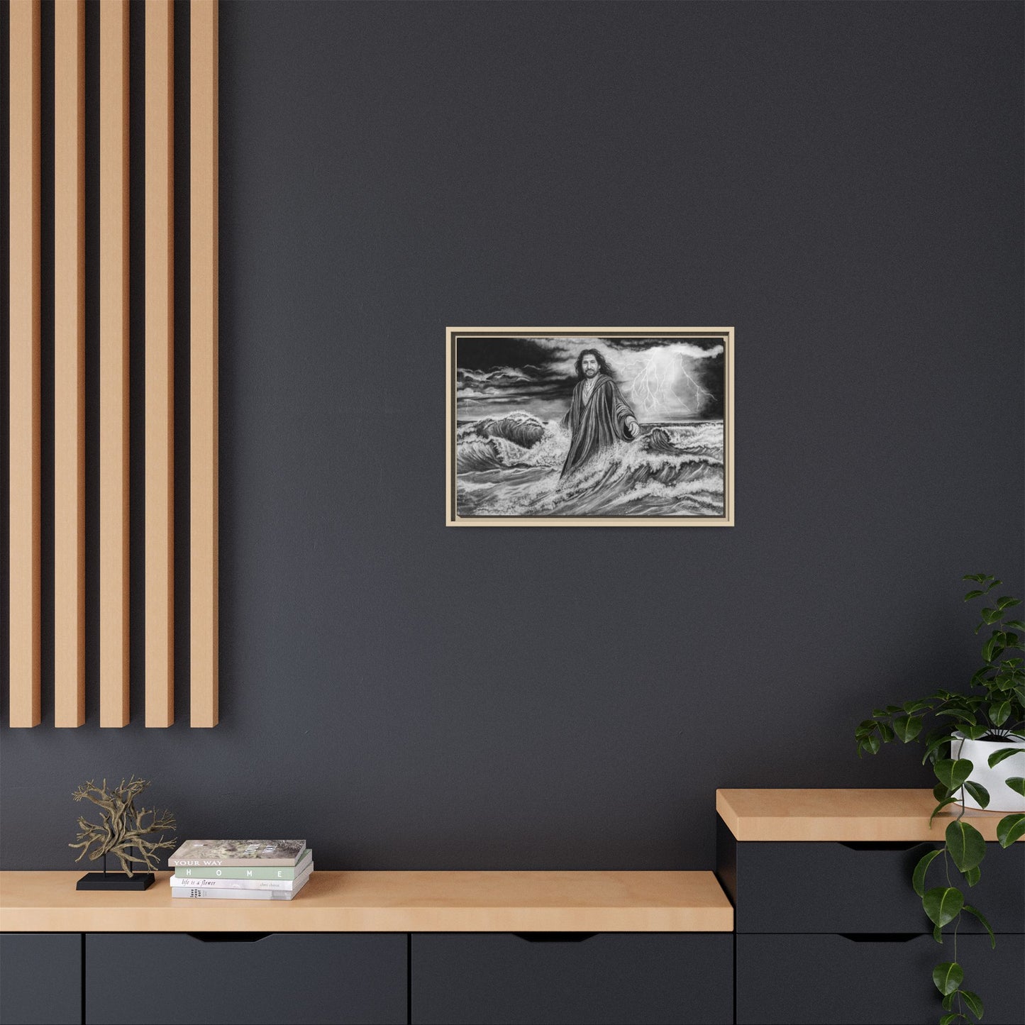 View from the Boat, Jesus Walking on Water Painting Framed Matte Canvas — Religious Wall Art