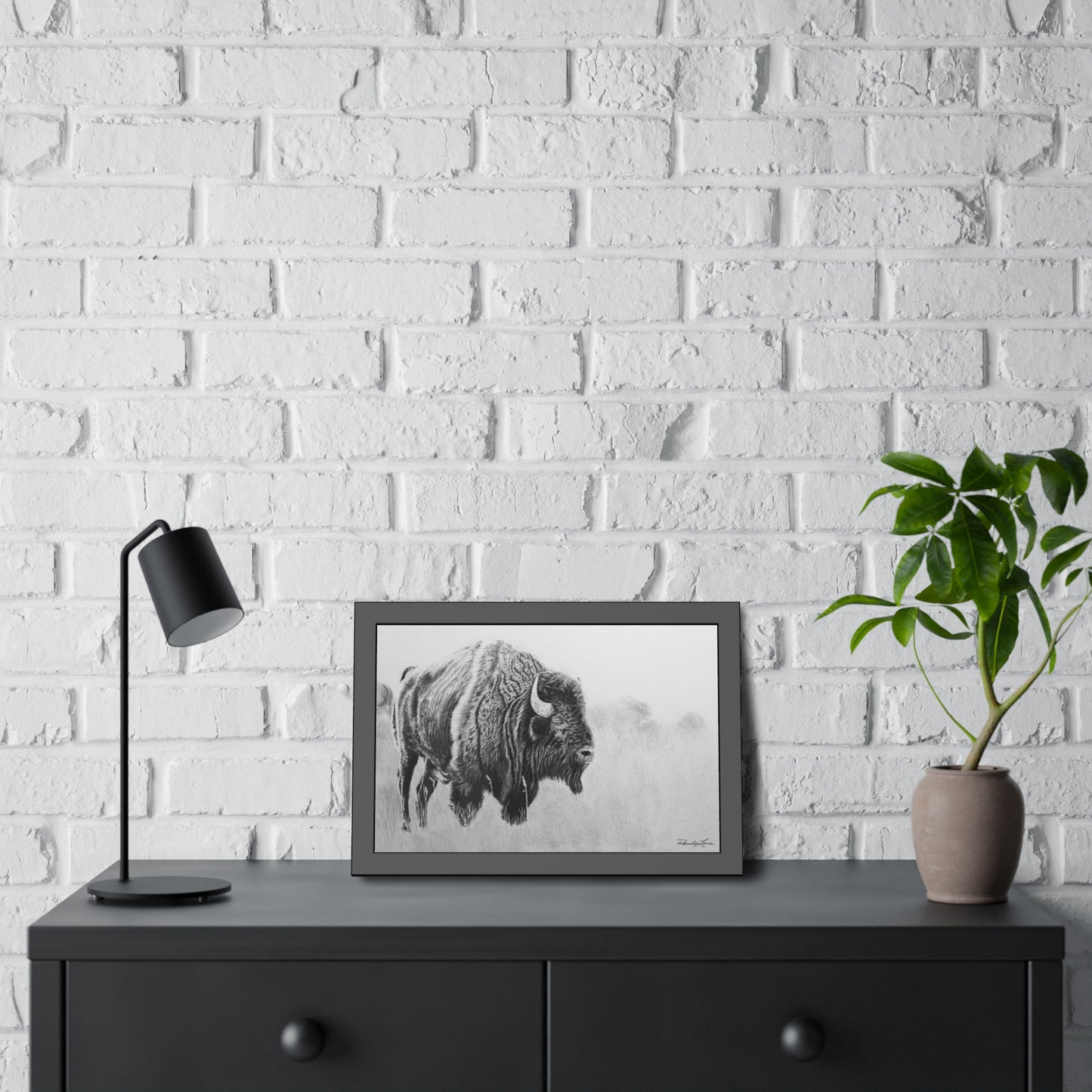 Prairie Bison, Bison Charcoal Art Framed Print