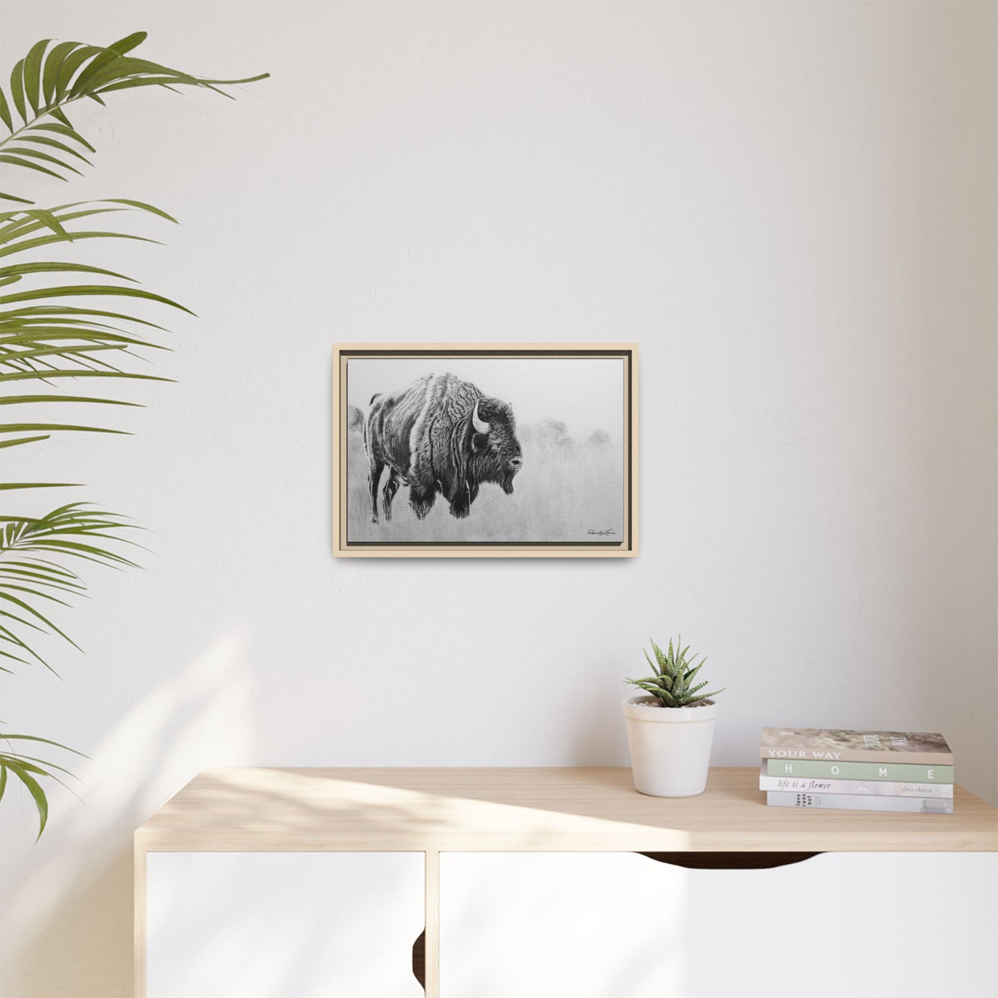 Prairie Bison, Bison Painting Framed Matte Canvas Print — Black & White Wildlife Wall Art