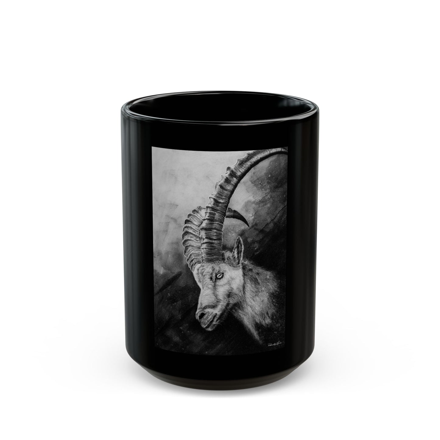 Apex, Handcrafted Black Mug with Alpine Mountain Goat Design