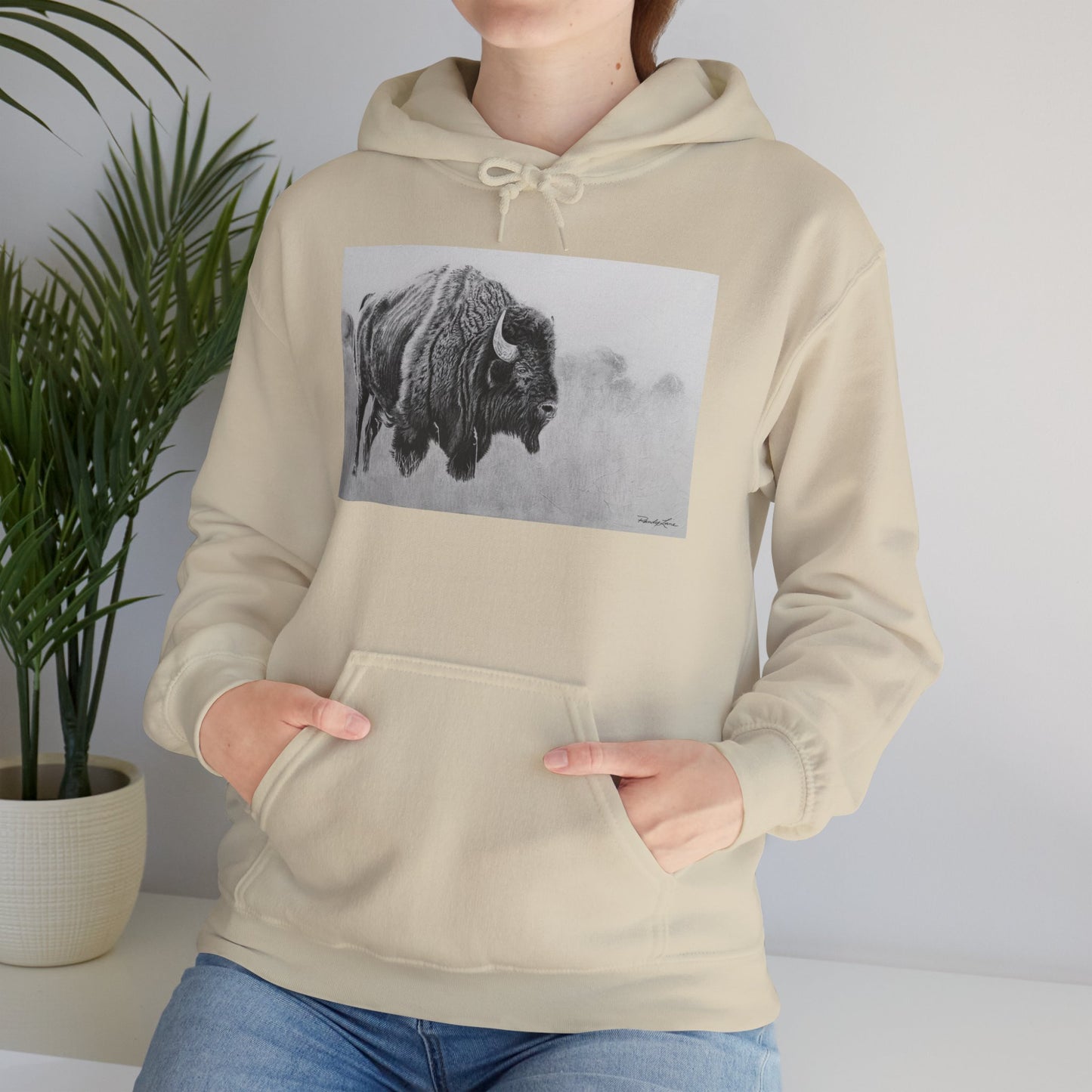 Prairie Bison, Bison Painting Hoodie — Black & White Rustic Buffalo Image Sweatshirt