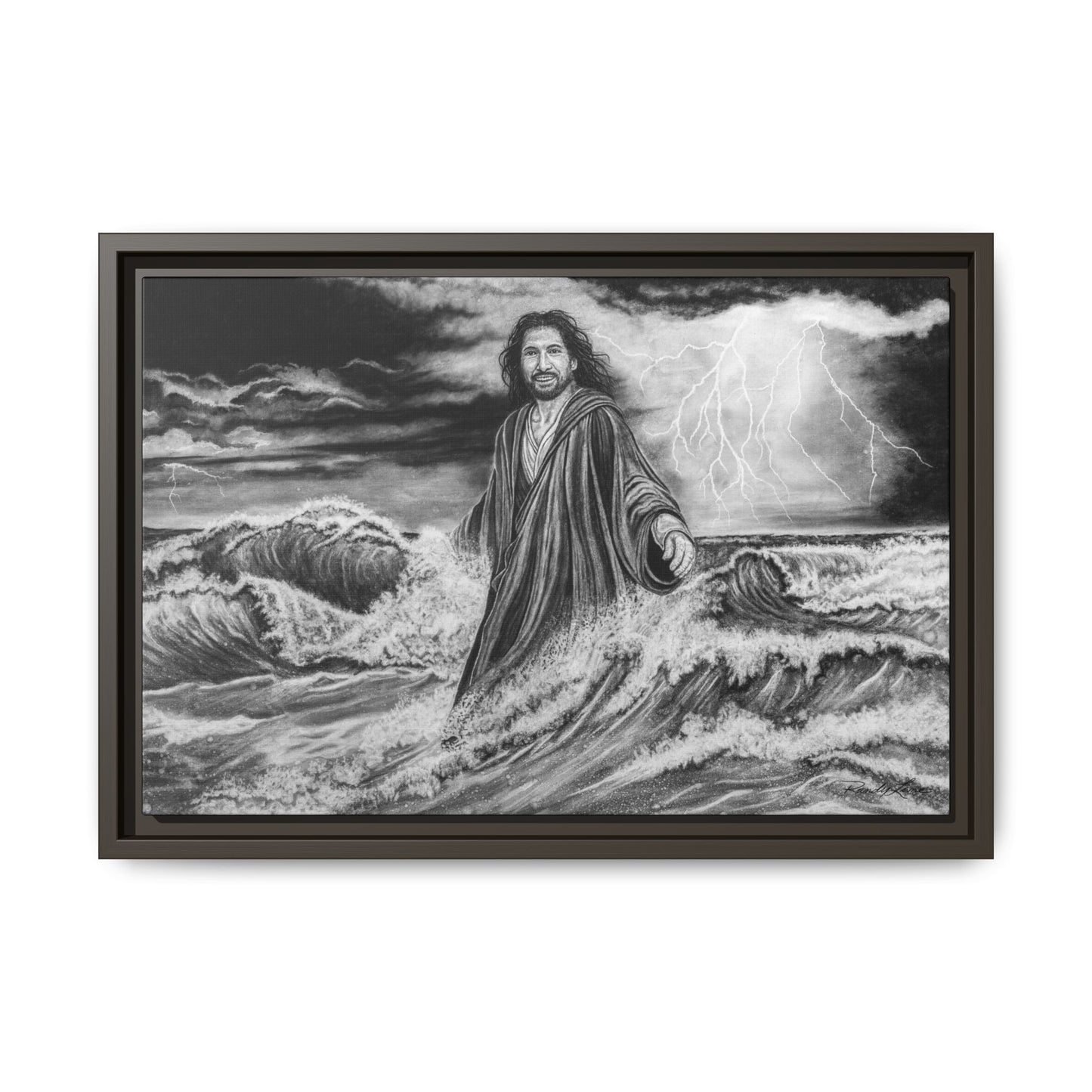 View from the Boat, Jesus Walking on Water Painting Framed Matte Canvas — Religious Wall Art