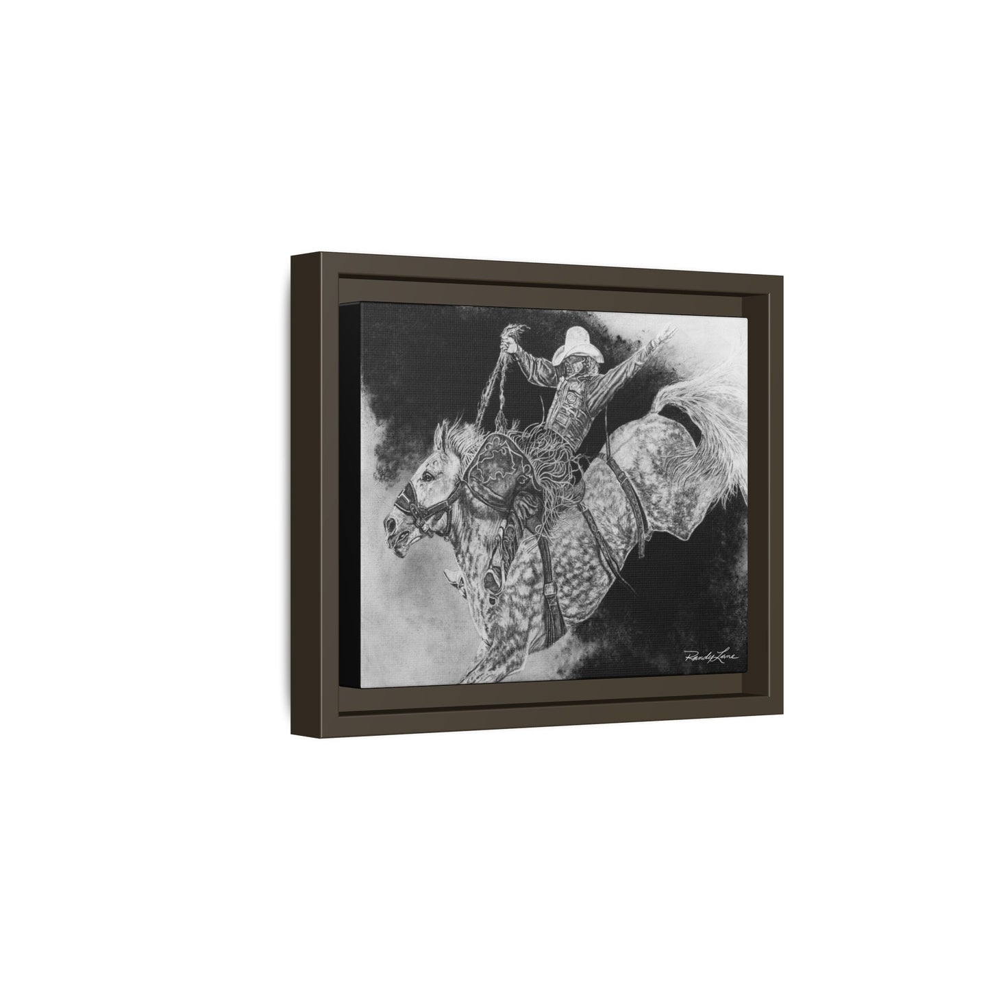 Big Grey, Rodeo Bareback Bronc Painting Framed Matte Canvas Wall Art — Bucking Bronco Cowboy Print