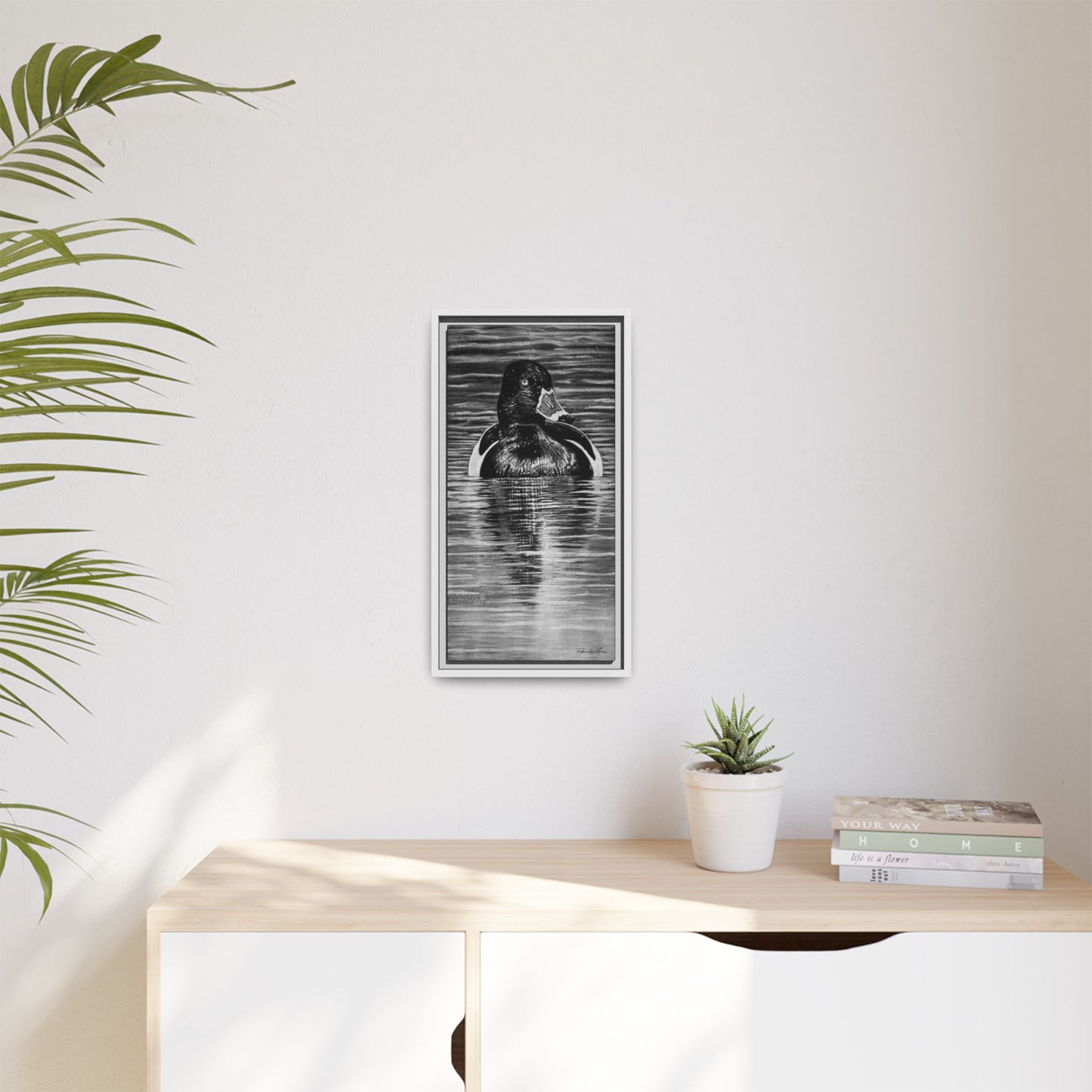 Reflection, Ring necked Duck Painting, Framed Stretched Matte Canvas