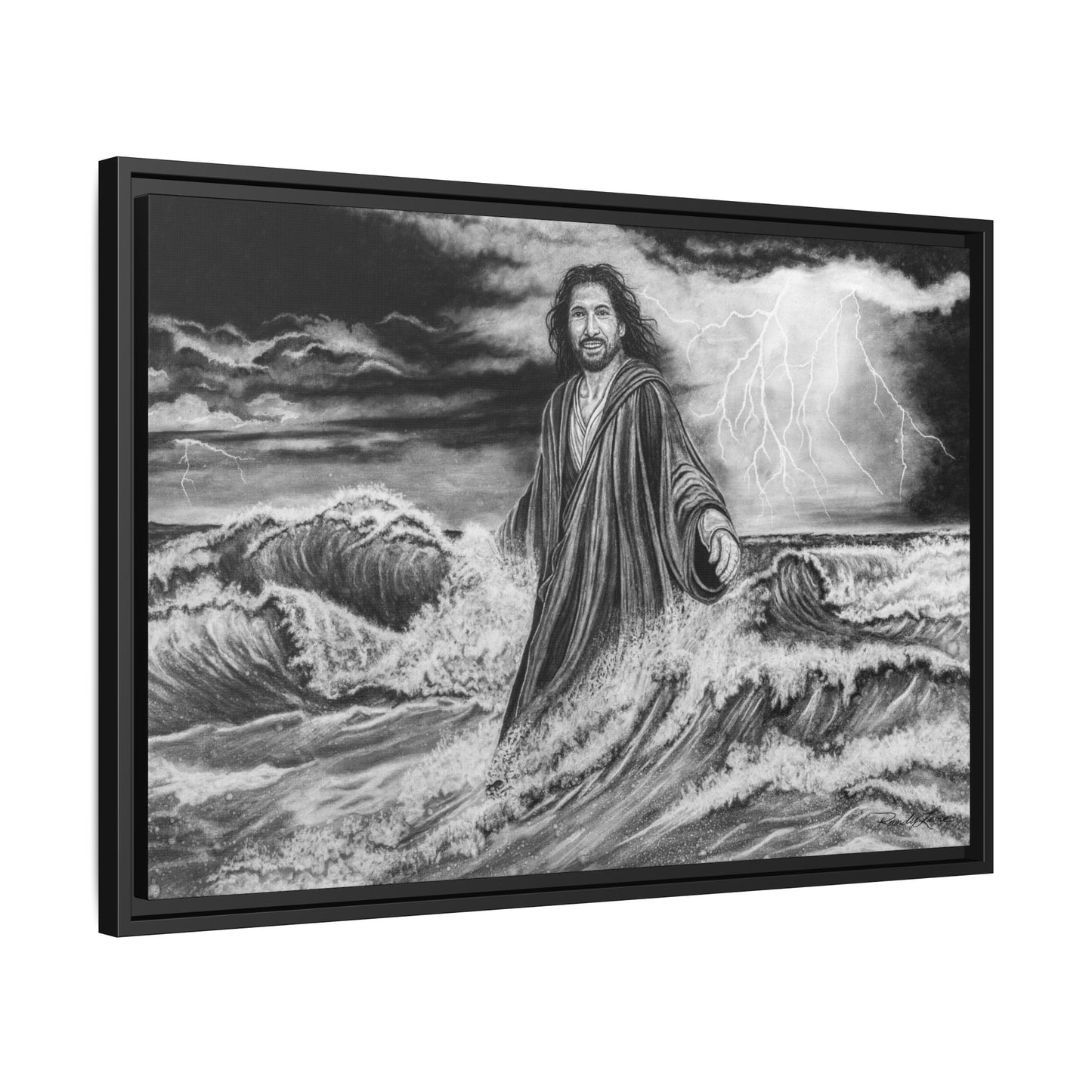 View from the Boat, Jesus Walking on Water Painting Framed Matte Canvas — Religious Wall Art