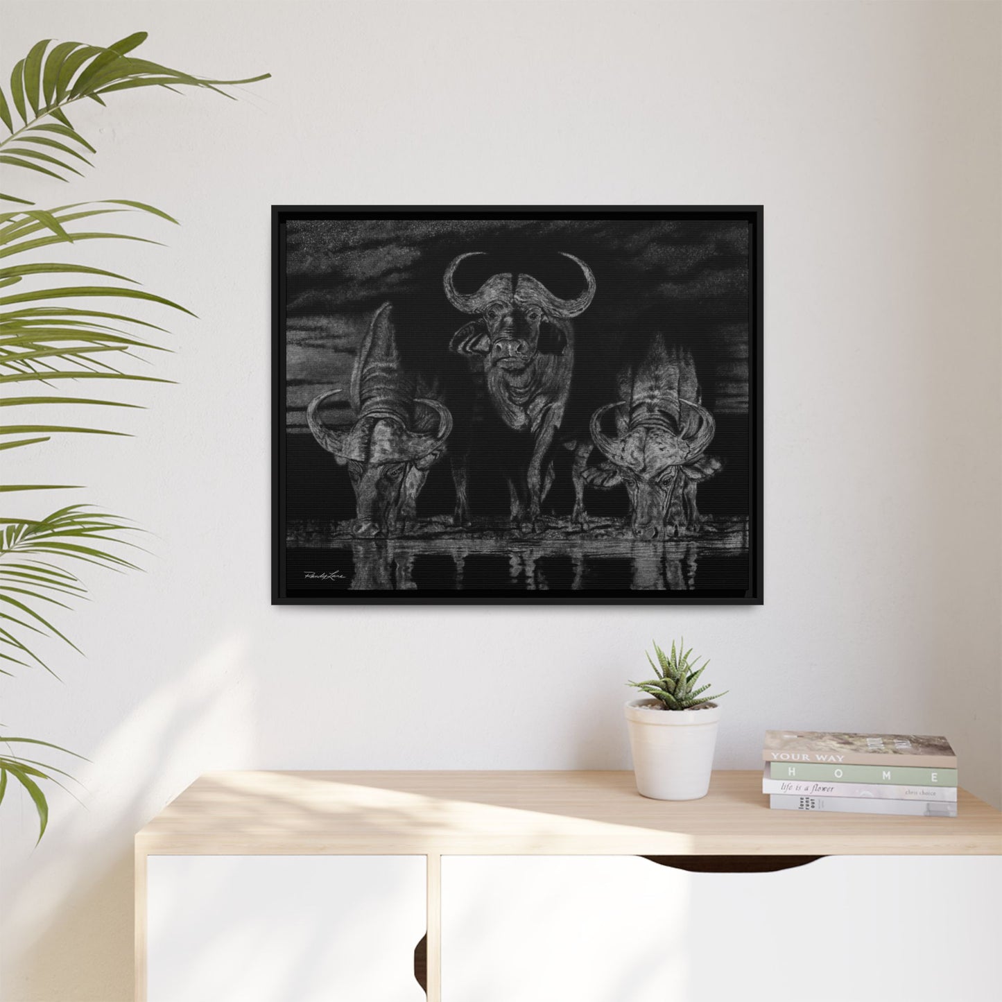 The Waterhole, Cape Buffalo Framed Canvas Wall Art