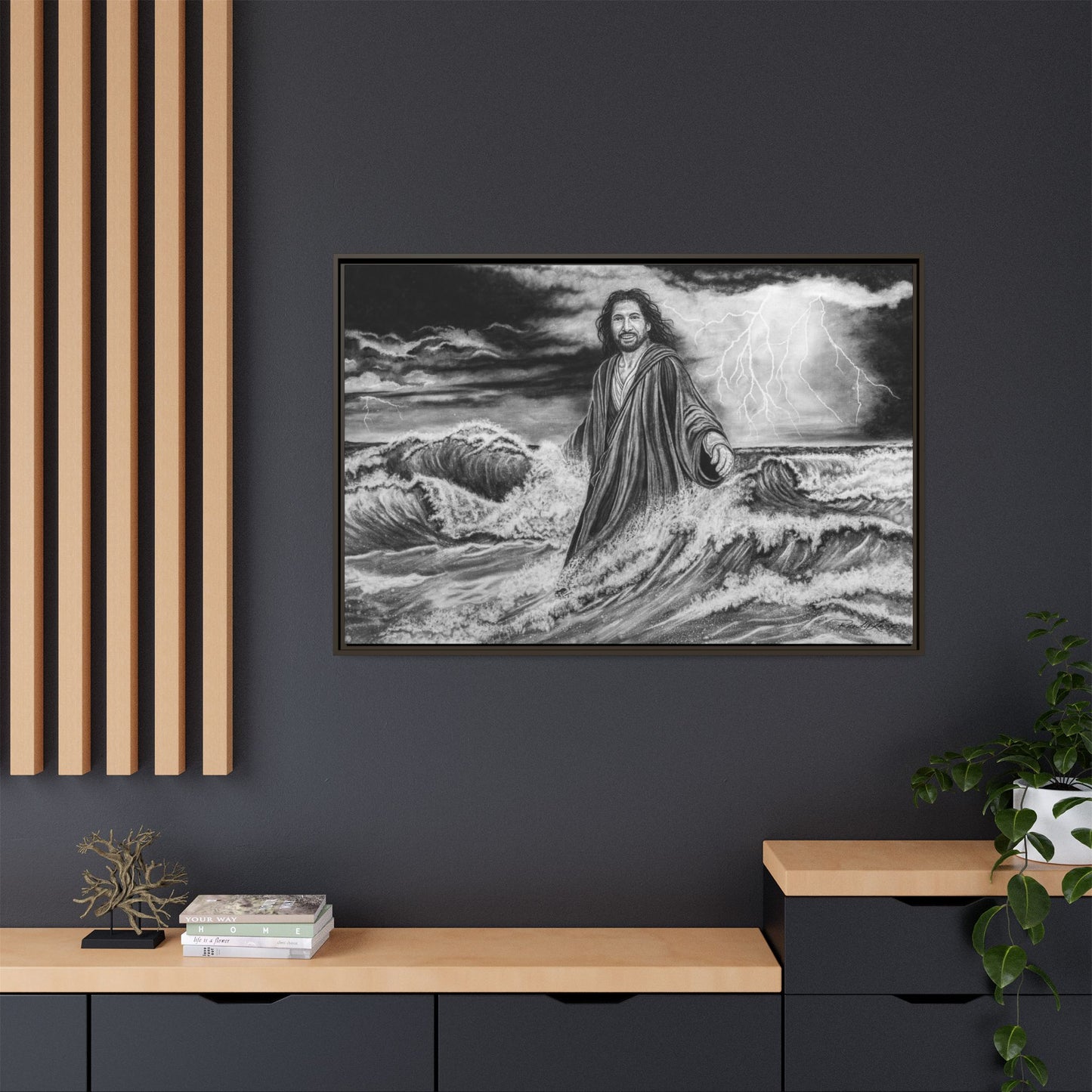 View from the Boat, Jesus Walking on Water Painting Framed Matte Canvas — Religious Wall Art