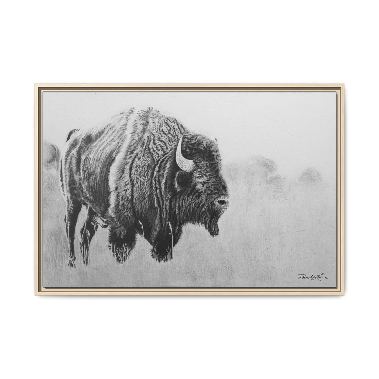 Prairie Bison, Bison Painting Framed Matte Canvas Print — Black & White Wildlife Wall Art