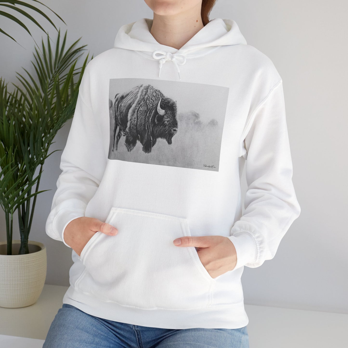 Prairie Bison, Bison Painting Hoodie — Black & White Rustic Buffalo Image Sweatshirt