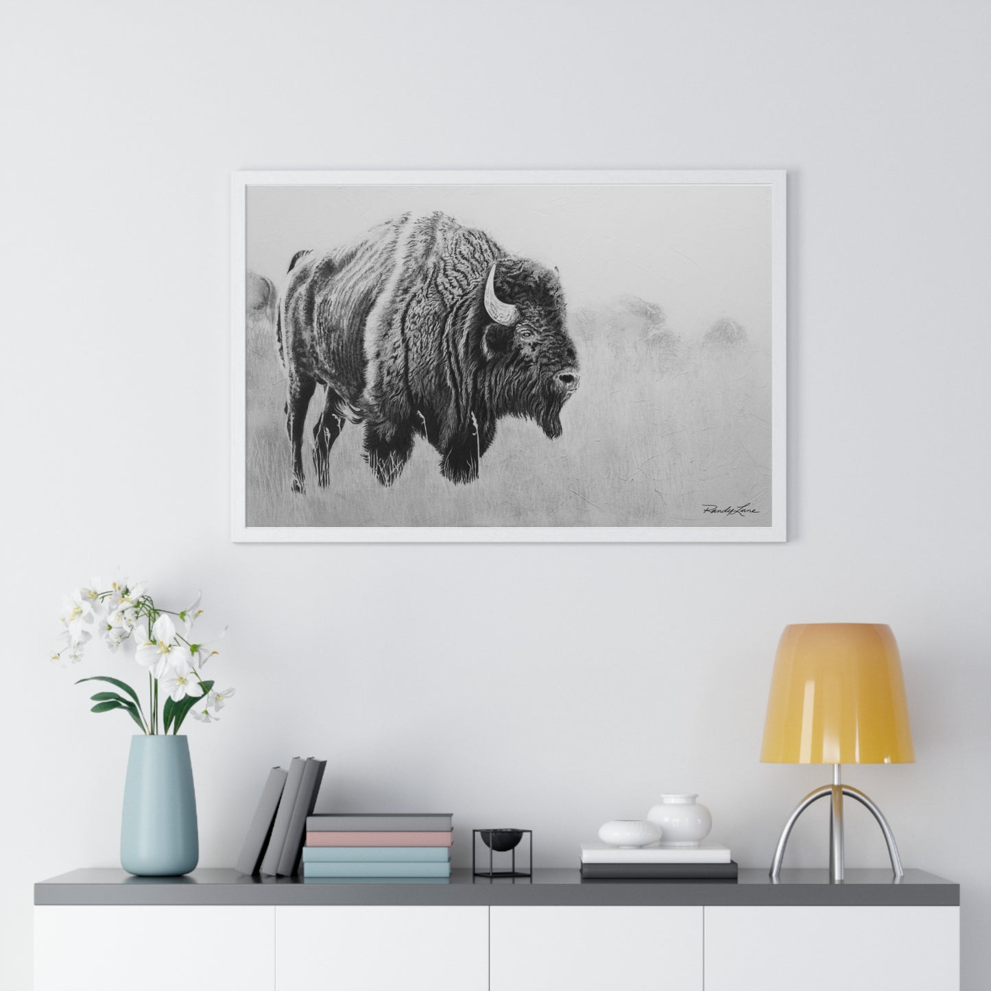 Prairie Bison, Bison Painting Framed Art Print — Black & White Wildlife Poster