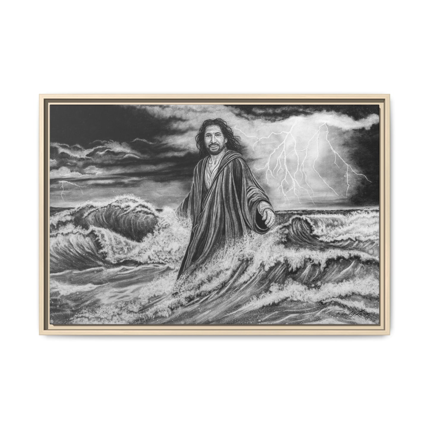 View from the Boat, Jesus Walking on Water Painting Framed Matte Canvas — Religious Wall Art