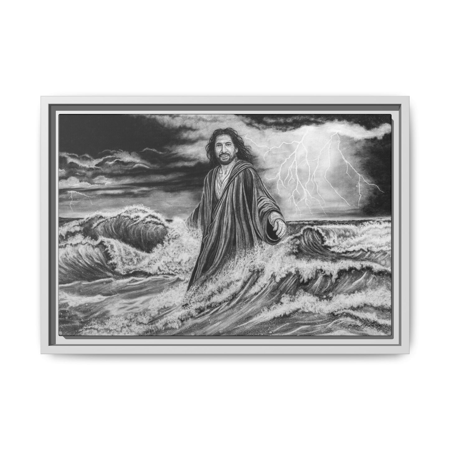 View from the Boat, Jesus Walking on Water Painting Framed Matte Canvas — Religious Wall Art