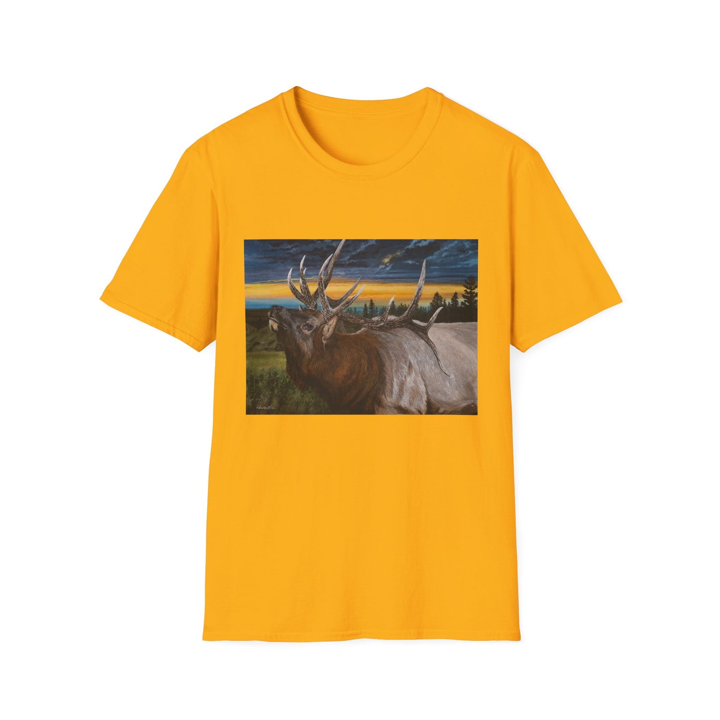 Sunset Serenade,  Elk Graphic Unisex soft T-Shirt