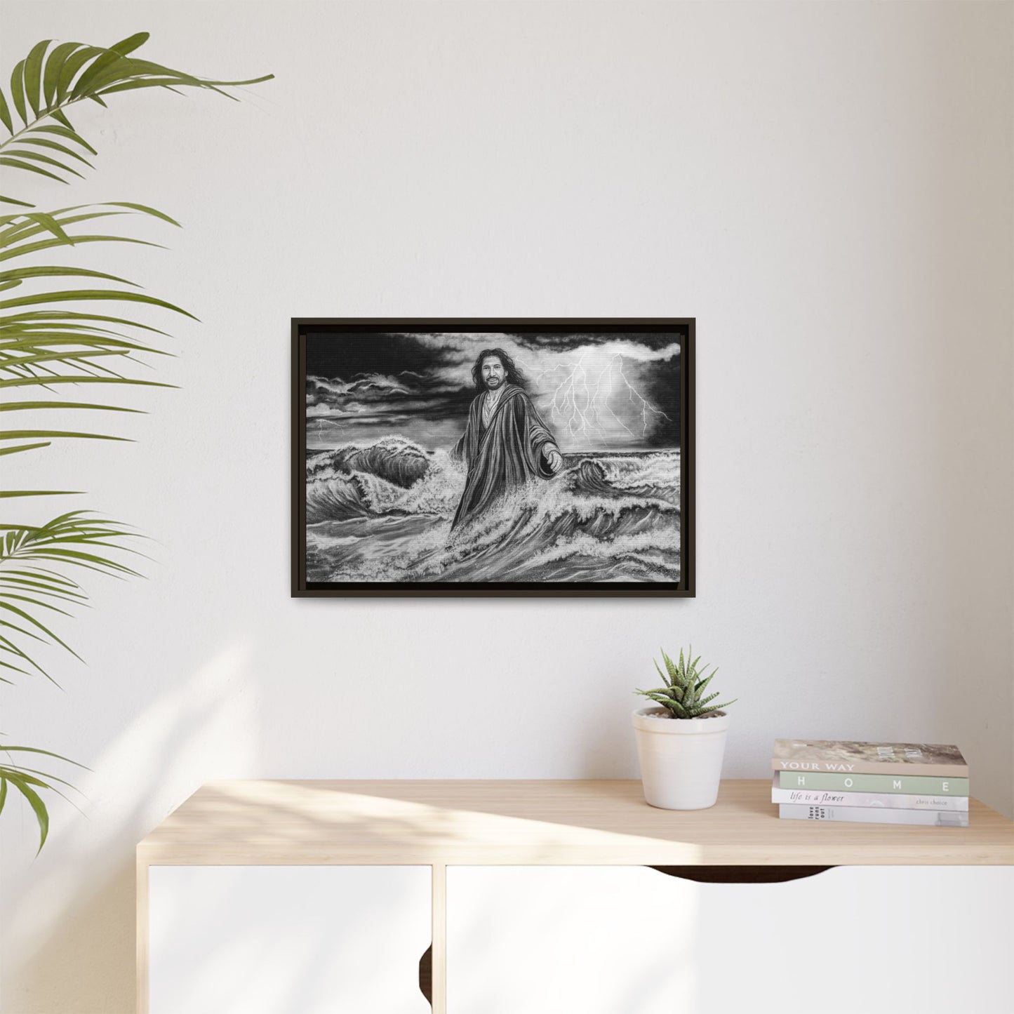 View from the Boat, Jesus Walking on Water Painting Framed Matte Canvas — Religious Wall Art